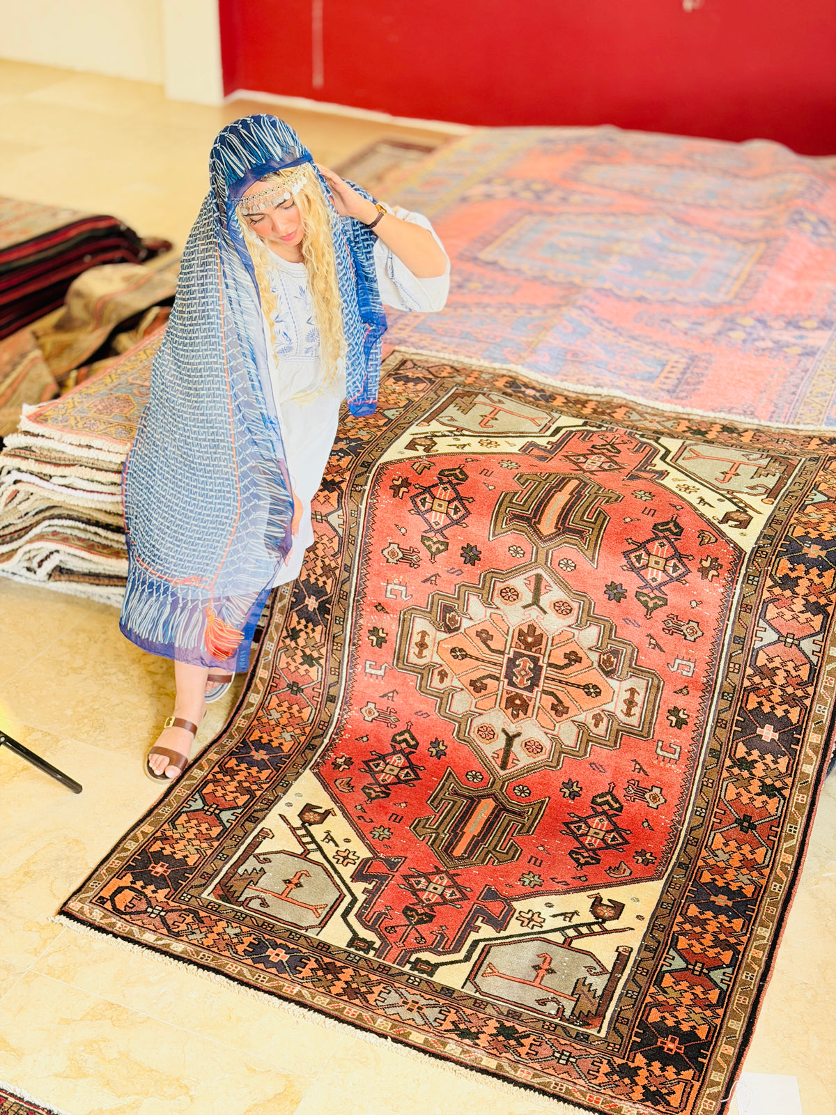 Vintage Coral, Orange Geometric Medallion Area Rug – 6' 4" x 4' 3" (194 x 130 cm)