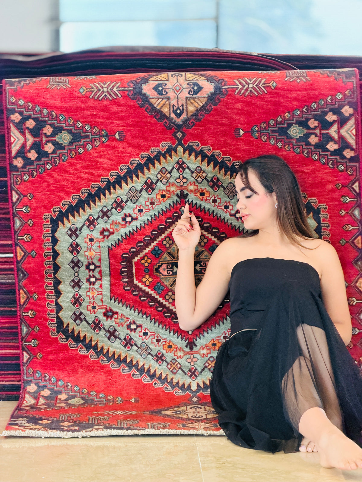 Collectible Vintage Orange-Red, Light Green Triple Medallion Area Rug – 6' 1" x 3' 9" (185 x 114 cm)