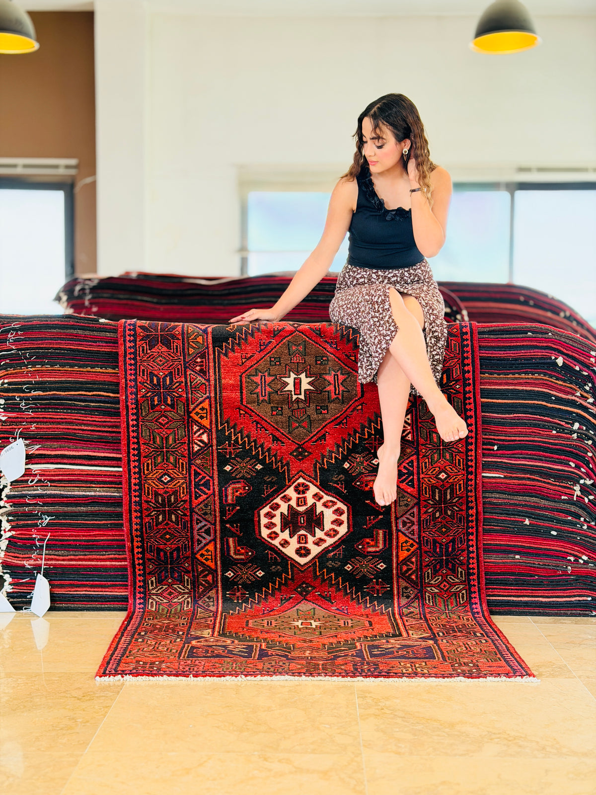 Vintage Black, Red Triple Medallion Area Rug – 6' 10" x 3' 11" (209 x 120 cm)