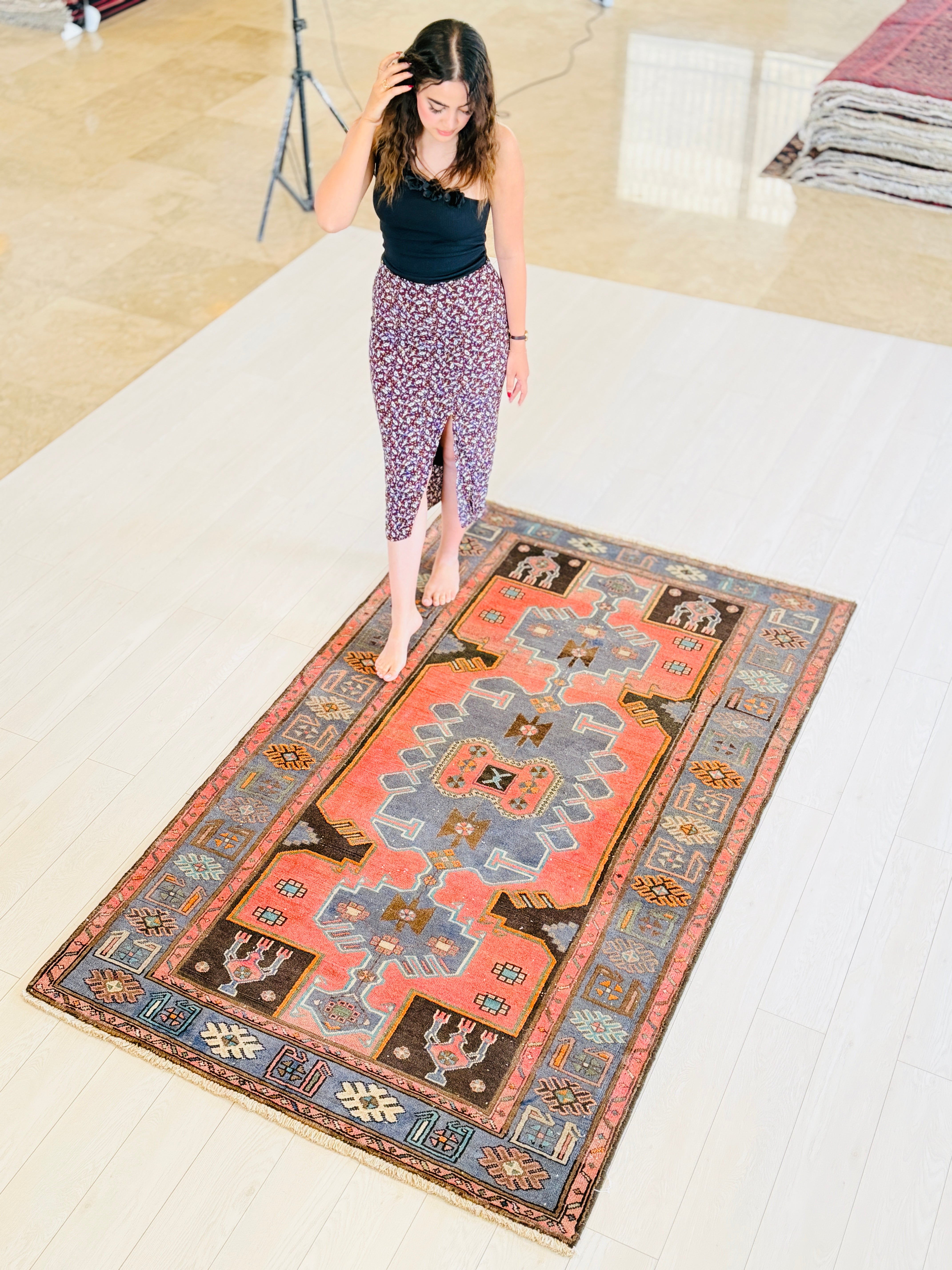 Collectible Vintage Coral, Light Blue Triple Medallion Area Rug – 6' 10" x 4' 2" (208 x 128 cm)
