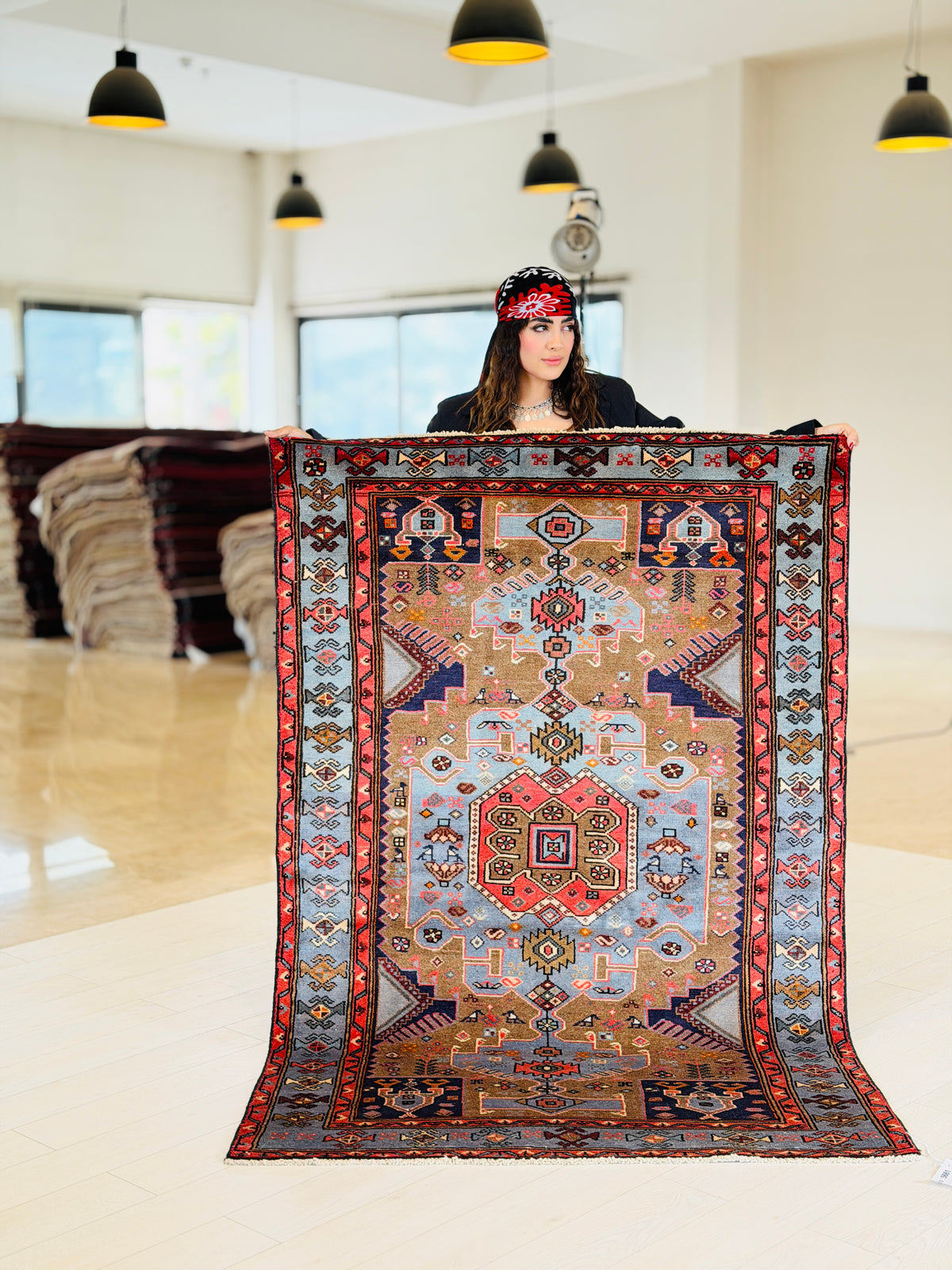 Collectible Vintage Brown, Turquoise Blue Geometric Medallion Area Rug – 6' 1" x 3' 11" (186 x 120 cm)