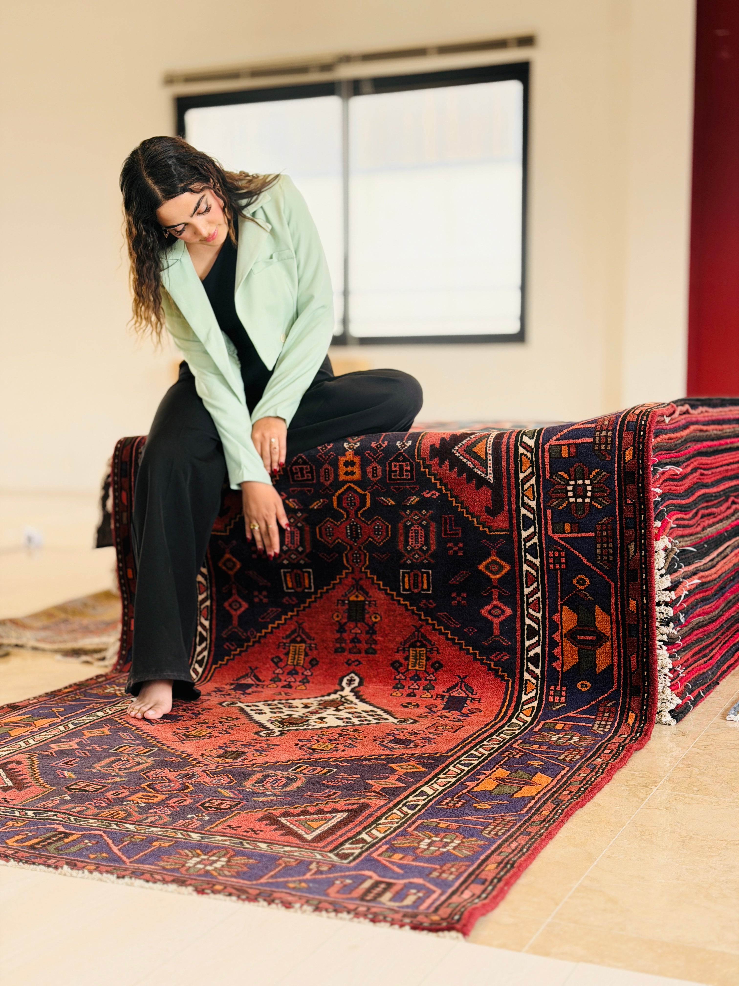 Vintage Deep Navy Blue, Red Diamond Medallion Area Rug – 6' 4" x 4' 3" (193 x 129 cm)