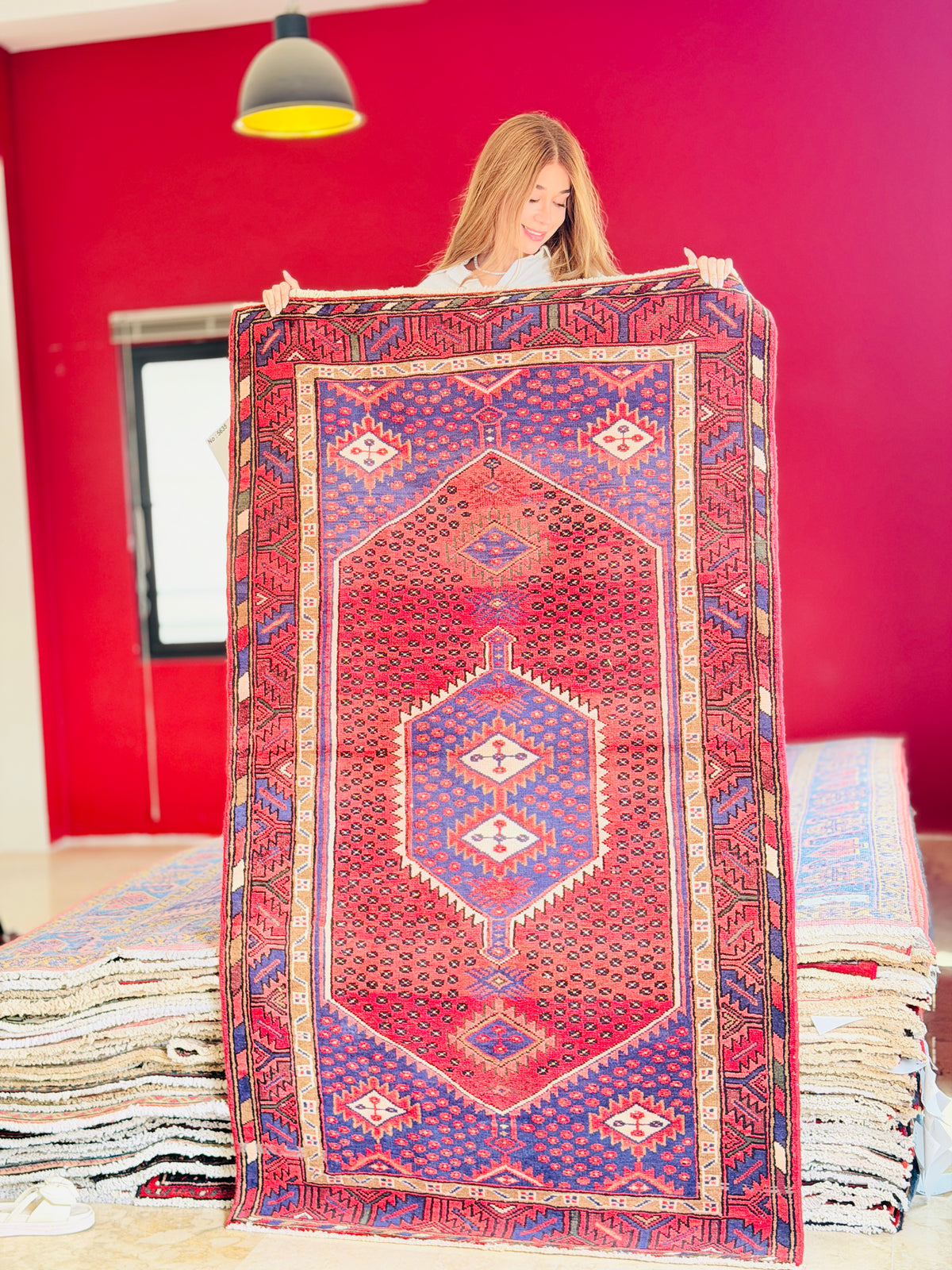 Vintage Red, navy blue Geometric Area Rug – 6' 4" x 3' 8" (192 x 113 cm)