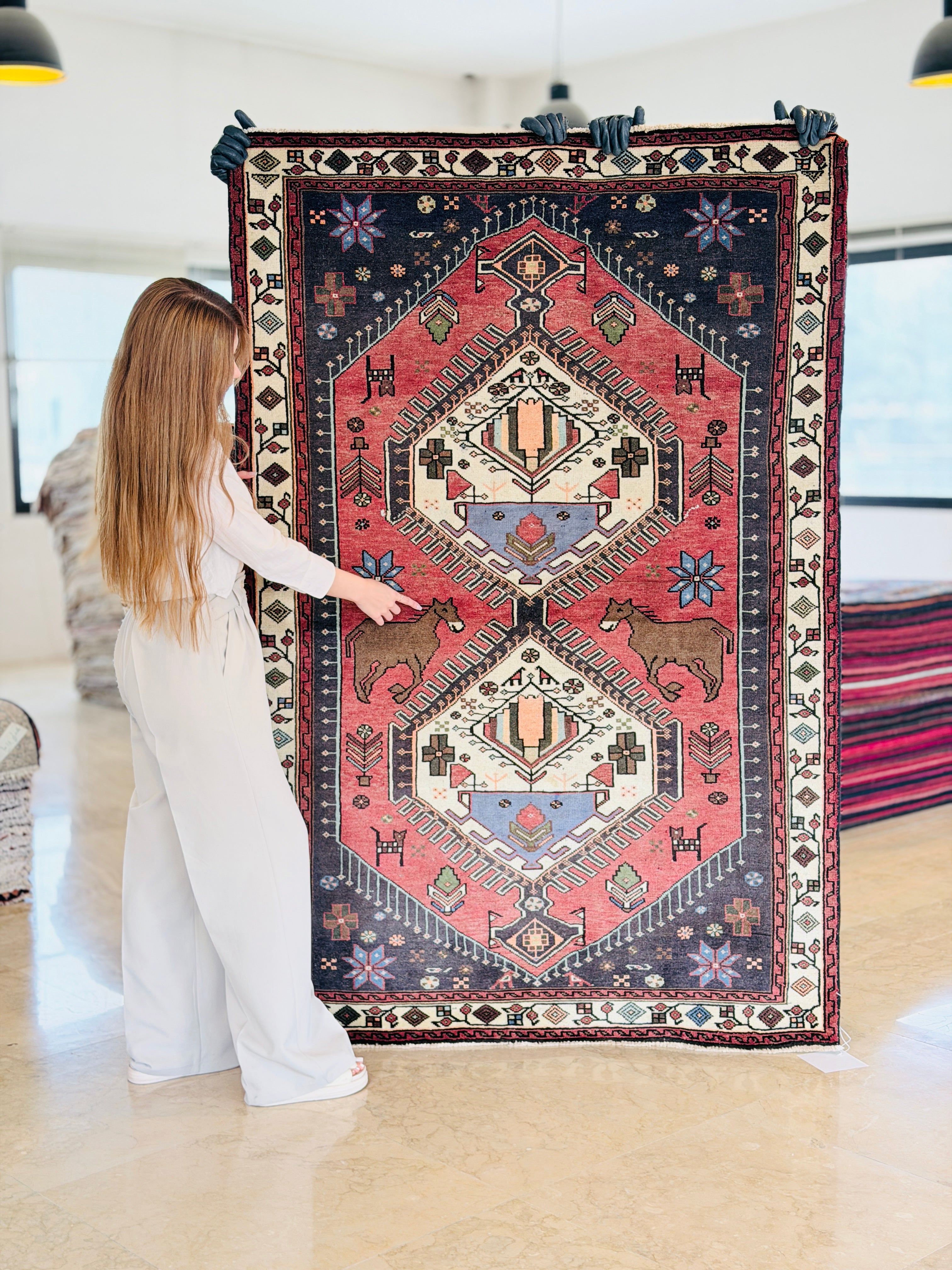 Collectible Vintage Rust red, beige Geometric Area Rug – 6' 4" x 4' 3" (194 x 129 cm)