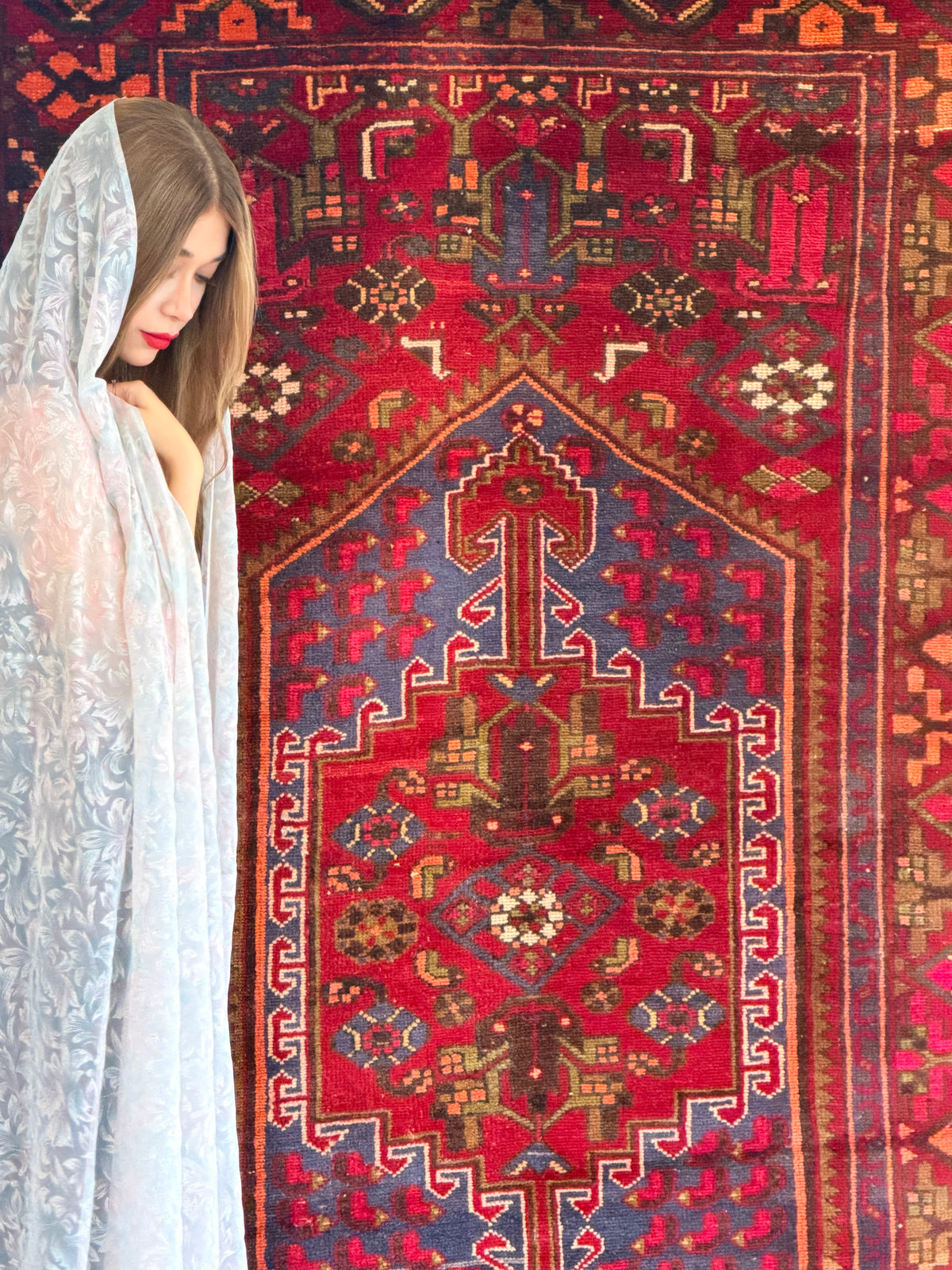 Vintage Red, orange Geometric Area Rug – 7' 7" x 4' 3" (232 x 129 cm)