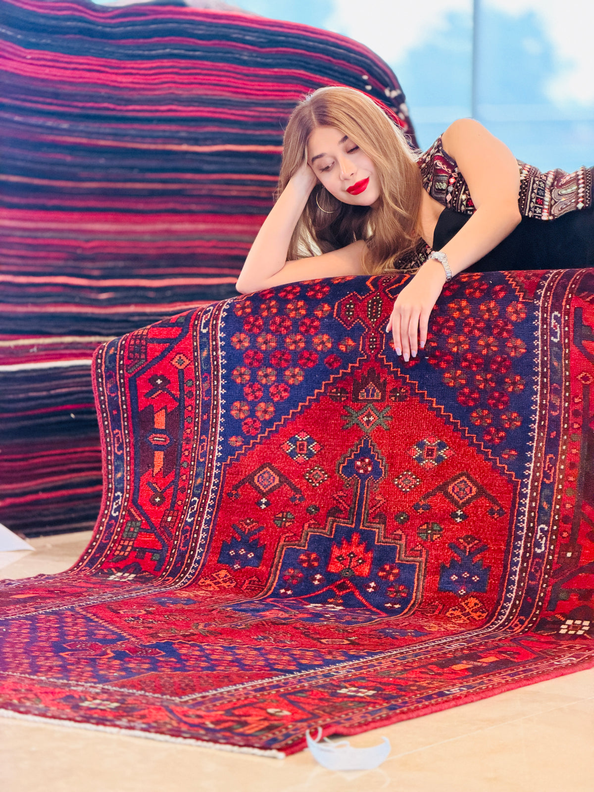 Vintage Red, navy blue Geometric Hand-Knotted Area Rug – 7' 2" x 4' 4" (219 x 133 cm)