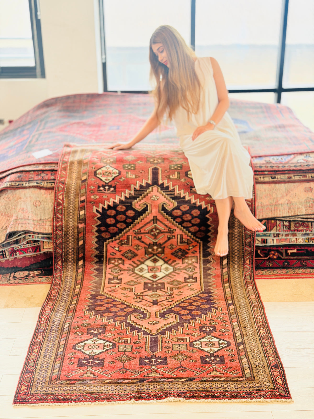 Vintage Rust red, salmon pink, brown Geometric Hand-Knotted Area Rug – 7' 2" x 4' 2" (218 x 126 cm)