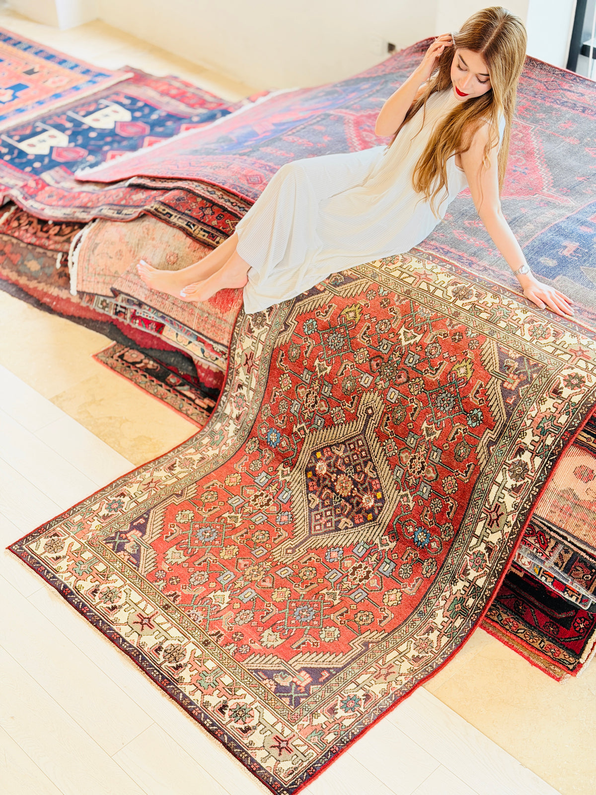 Vintage Rust red, beige Geometric Hand-Knotted Area Rug – 5' 8" x 4' 1" (172 x 125 cm)