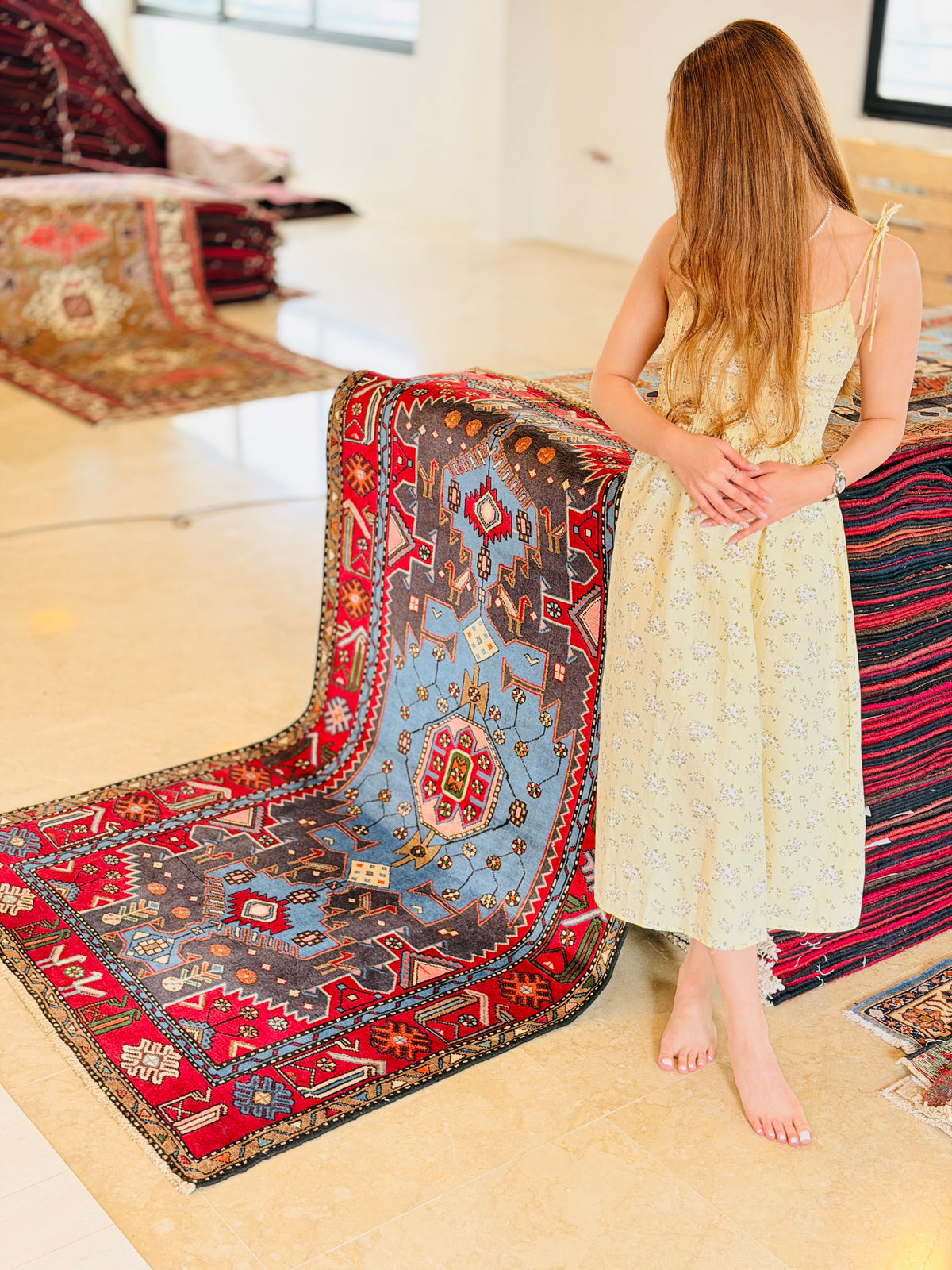Collectible Vintage Turquoise blue, navy blue, red Geometric Hand-Knotted Area Rug – 6' 7" x 4' 0" (200 x 122 cm)