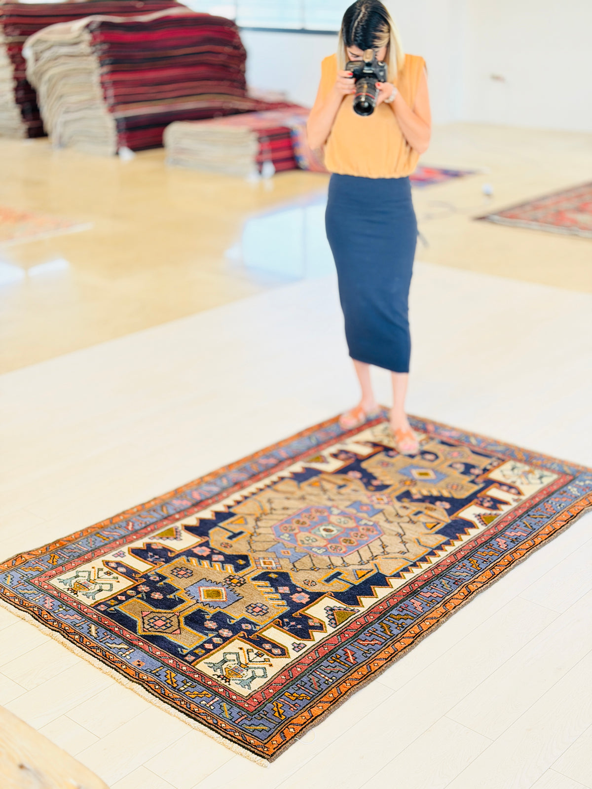 Rare Vintage Brown, Beige, Navy Blue, Blue Geometric Medallion Hand-Knotted Area Rug – 6' 5" x 4' 0" (195 x 122 cm)