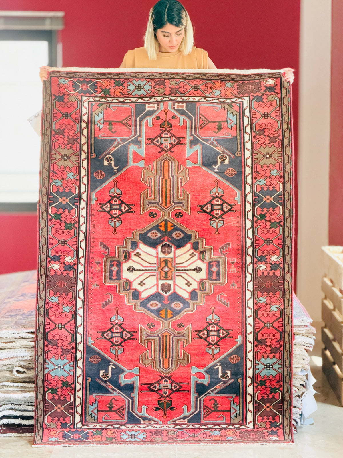 Rare Vintage Coral Red, Navy Blue Geometric Medallion Hand-Knotted Area Rug – 6' 5" x 4' 3" (195 x 130 cm)