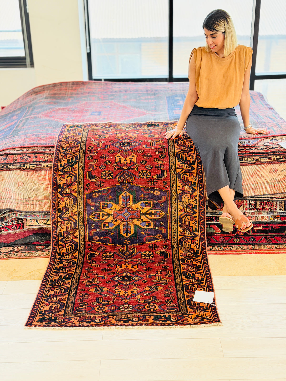 Rare Vintage Rust Red, Navy Blue, Orange Allover Geometric Hand-Knotted Area Rug – 6' 6" x 3' 5" (198 x 104 cm)