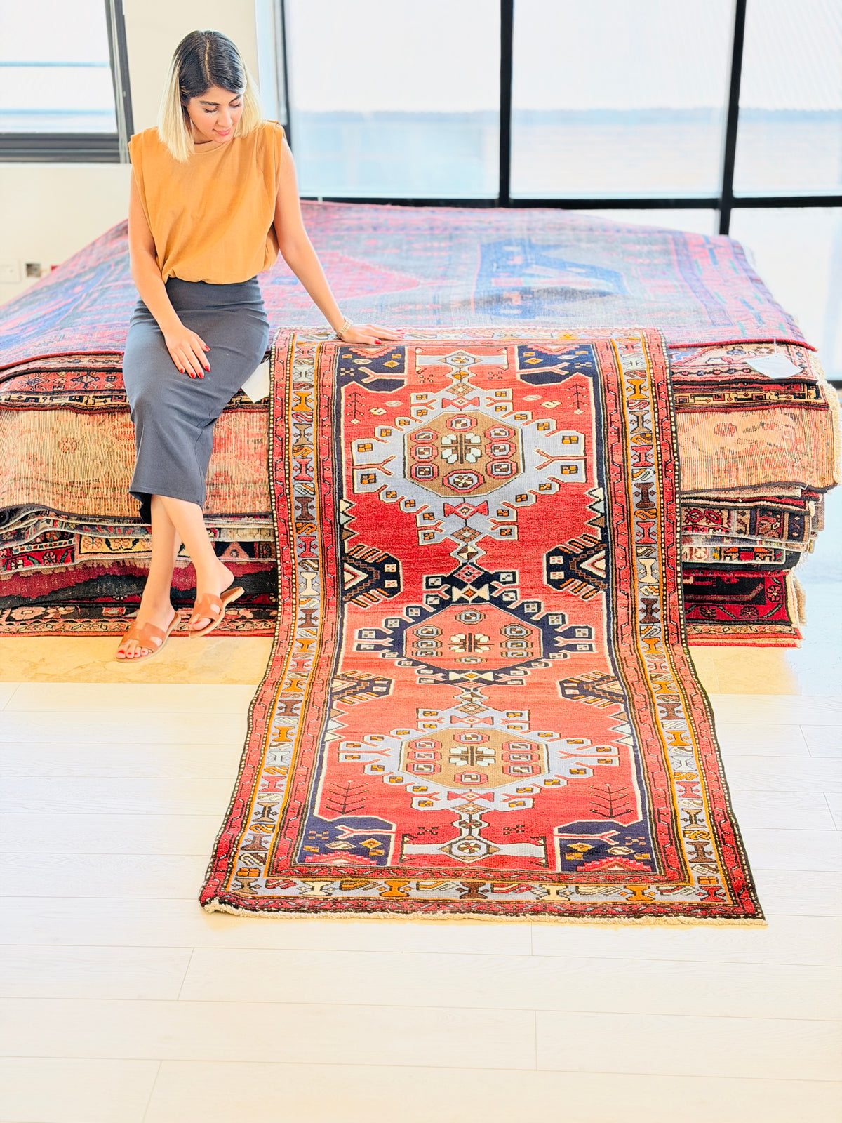 Vintage Red, Light Blue, Navy Blue Medallion Geometric Hand-Knotted Area Rug – 7' 1" x 3' 5" (216 x 105 cm)