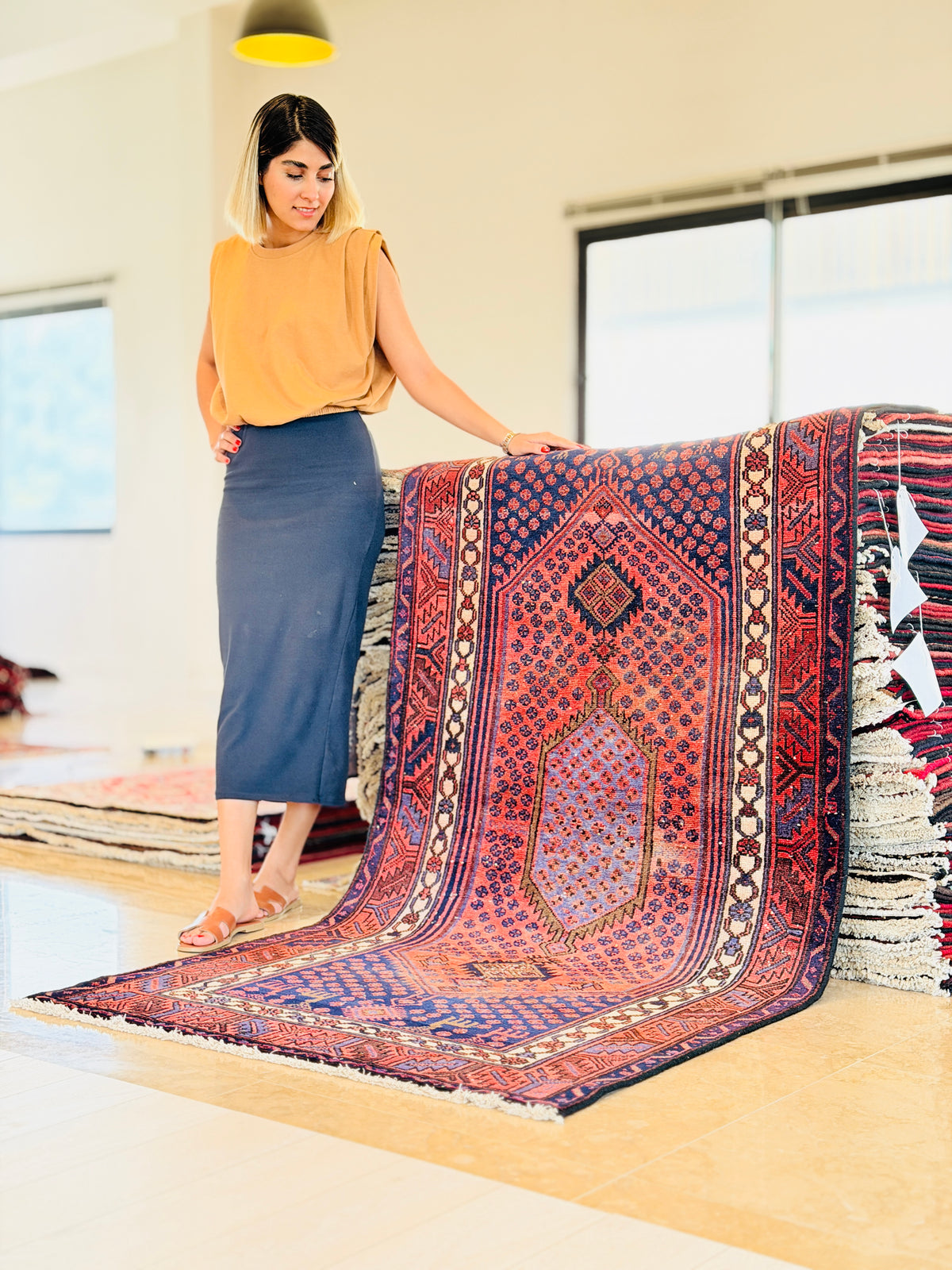 Vintage Rust Red, Navy Blue Medallion Geometric Hand-Knotted Area Rug – 6' 11" x 3' 5" (211 x 105 cm)