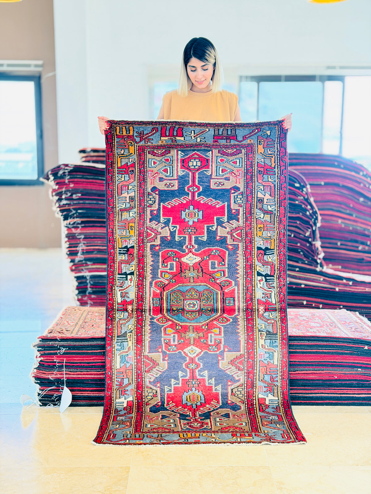Vintage Red, Navy Blue Geometric Medallion Hand-Knotted Area Rug – 6' 5" x 3' 3" (196 x 98 cm)