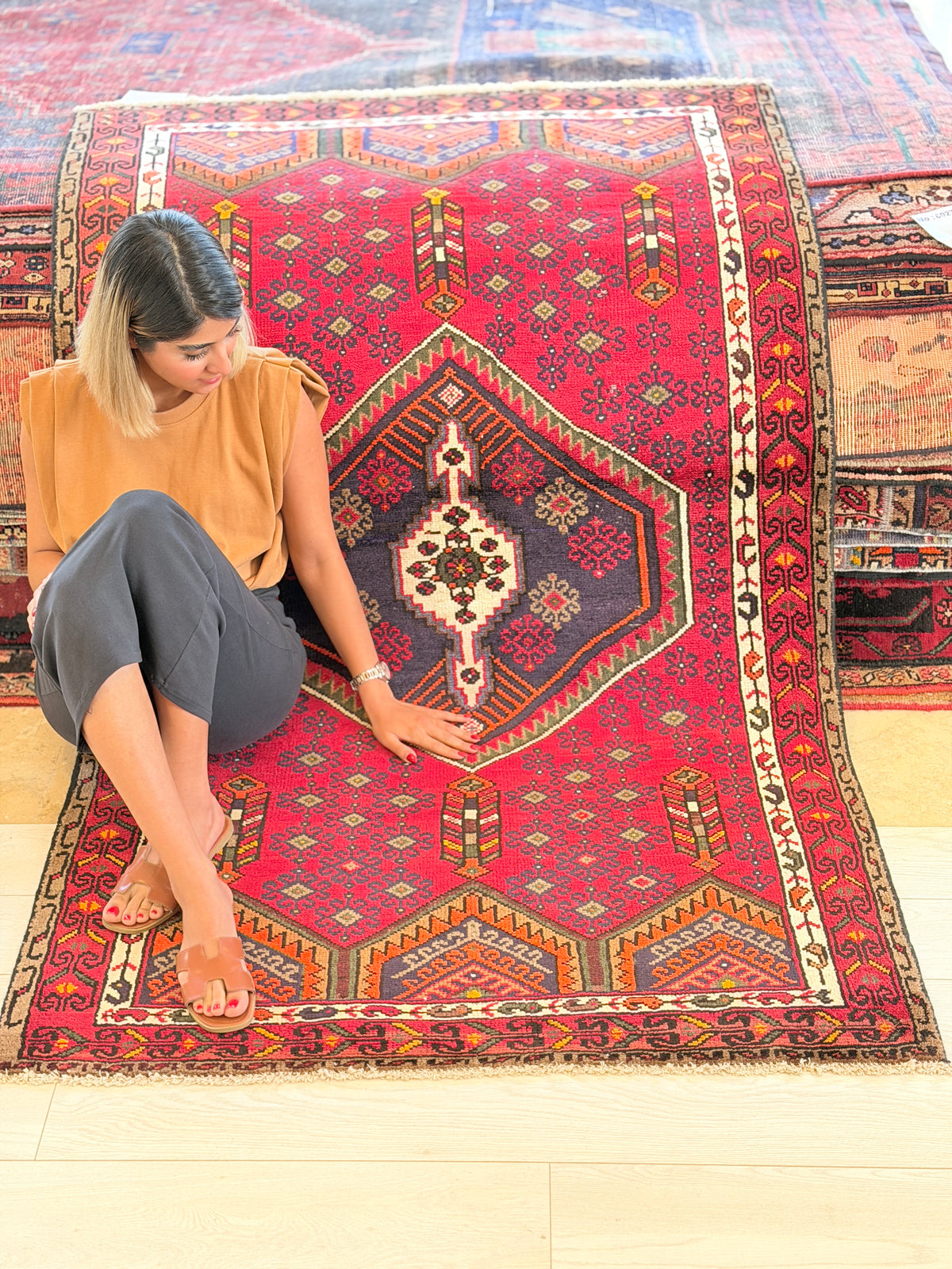 Vintage Red, Navy Blue Medallion Geometric Hand-Knotted Area Rug – 6' 4" x 3' 10" (194 x 118 cm)