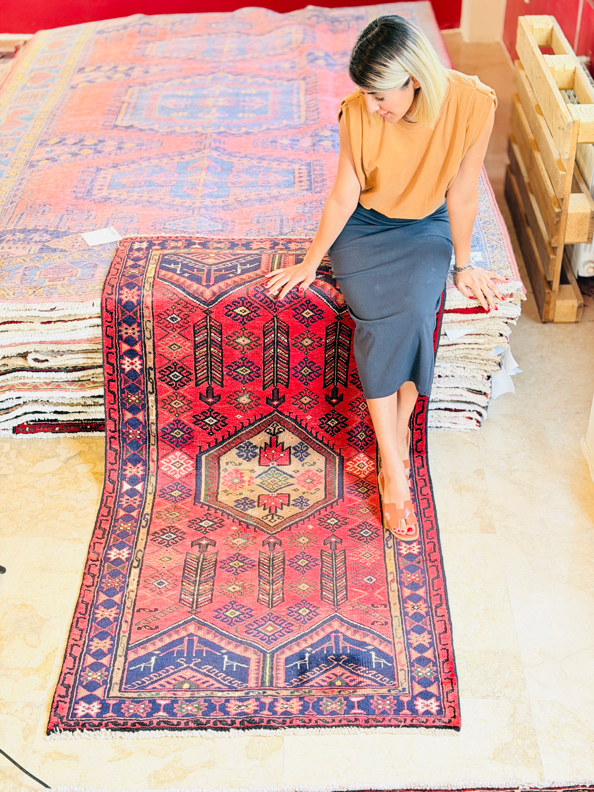 Vintage Red, Brown, Navy Blue Hexagonal Medallion Hand-Knotted Area Rug – 6' 3" x 3' 5" (191 x 103 cm)