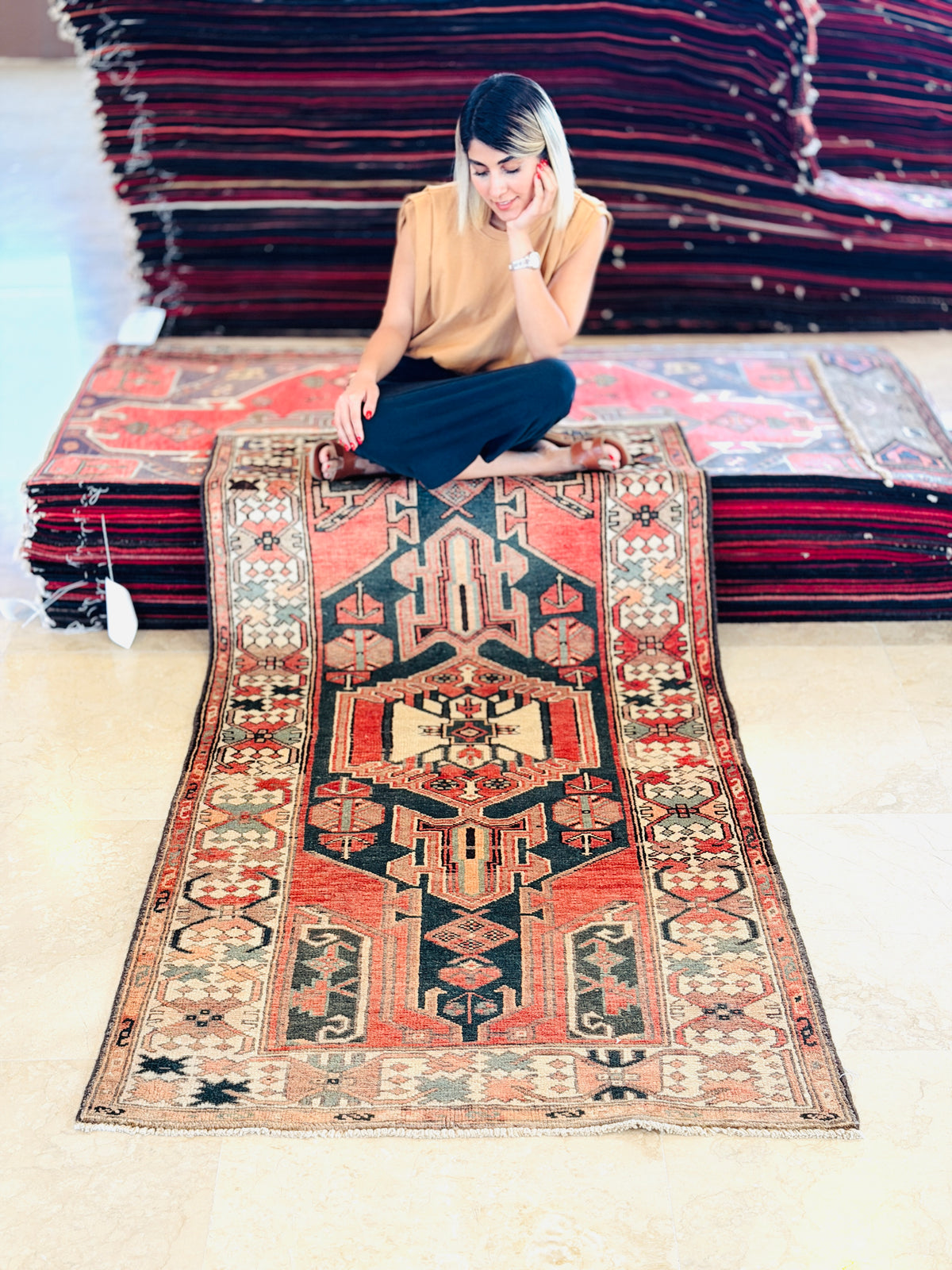Rare Semi-Antique Faded Charcoal Black and Red Pictorial Geometric Hand-Knotted Area Rug – 6' 10" x 3' 5" (208 x 104 cm)