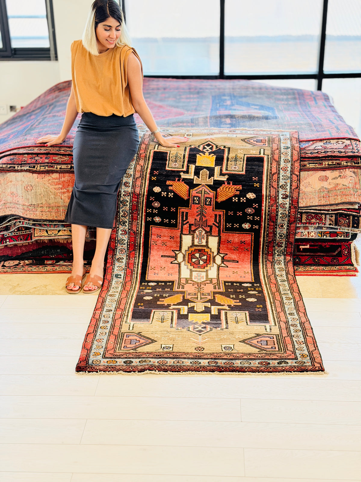 Rare Vintage Deep Navy Blue, Red, Light Blue, Brown Pictorial Tribal Hand-Knotted Area Rug – 6' 9" x 3' 6" (207 x 107 cm)