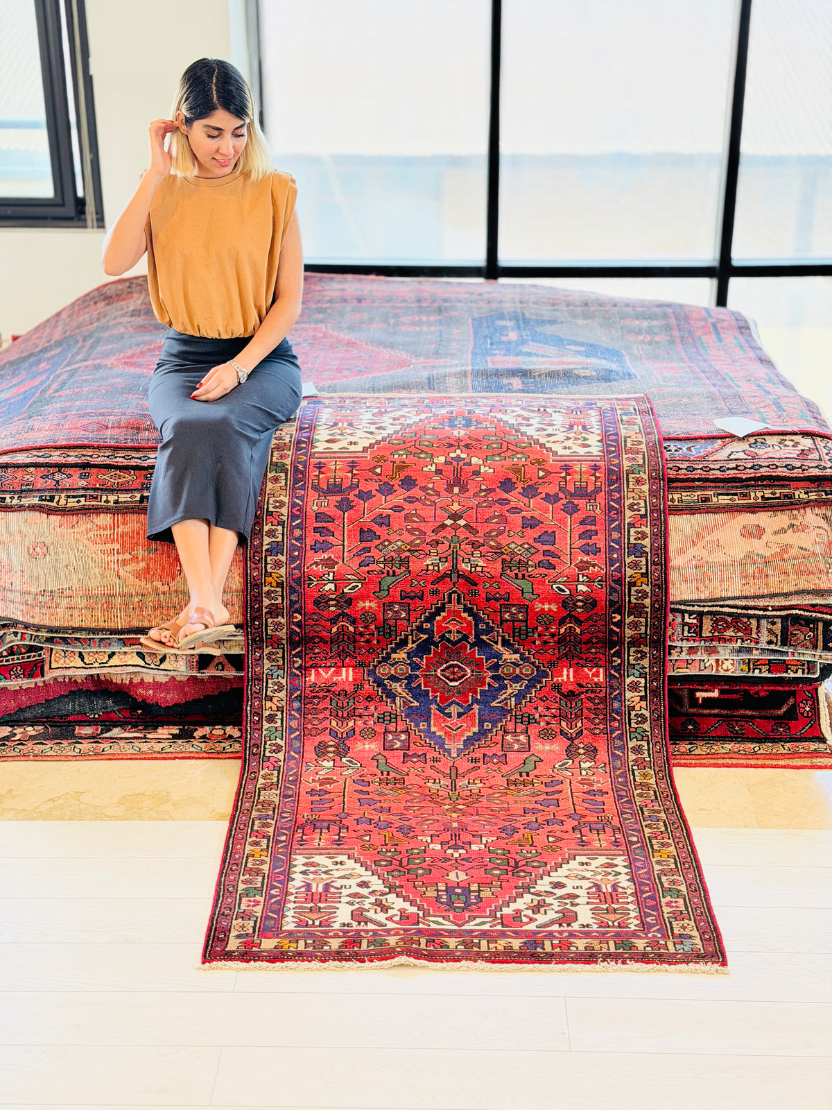 Vintage Red, Brown, Navy Blue Allover Geometric Hand-Knotted Area Rug – 6' 3" x 3' 3" (191 x 100 cm)