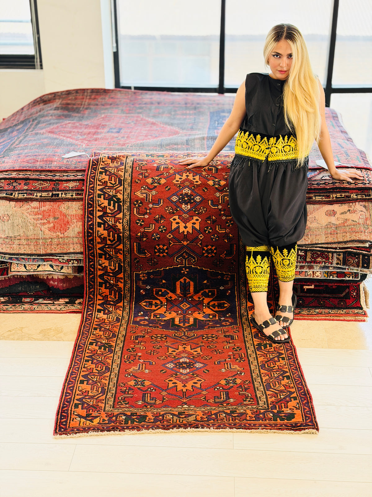 Vintage Rust Red, Orange, and Navy Blue Geometric Medallion Hand-Knotted Area Rug – 6' 7" x 3' 5" (200 x 105 cm)