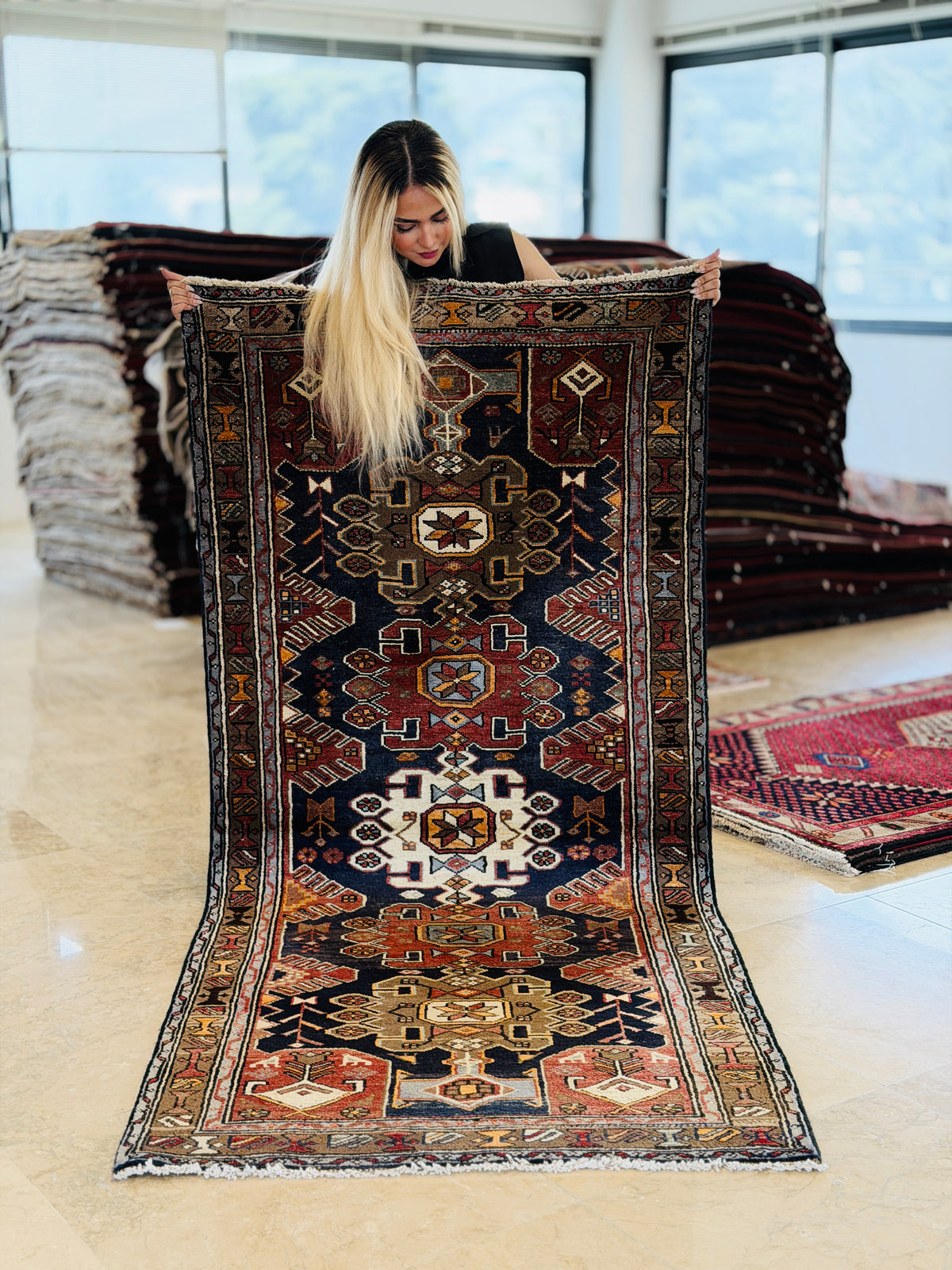 Vintage Navy Blue, Red, and Brown Allover Geometric Hand-Knotted Area Rug – 7' 5" x 3' 4" (227 x 102 cm)