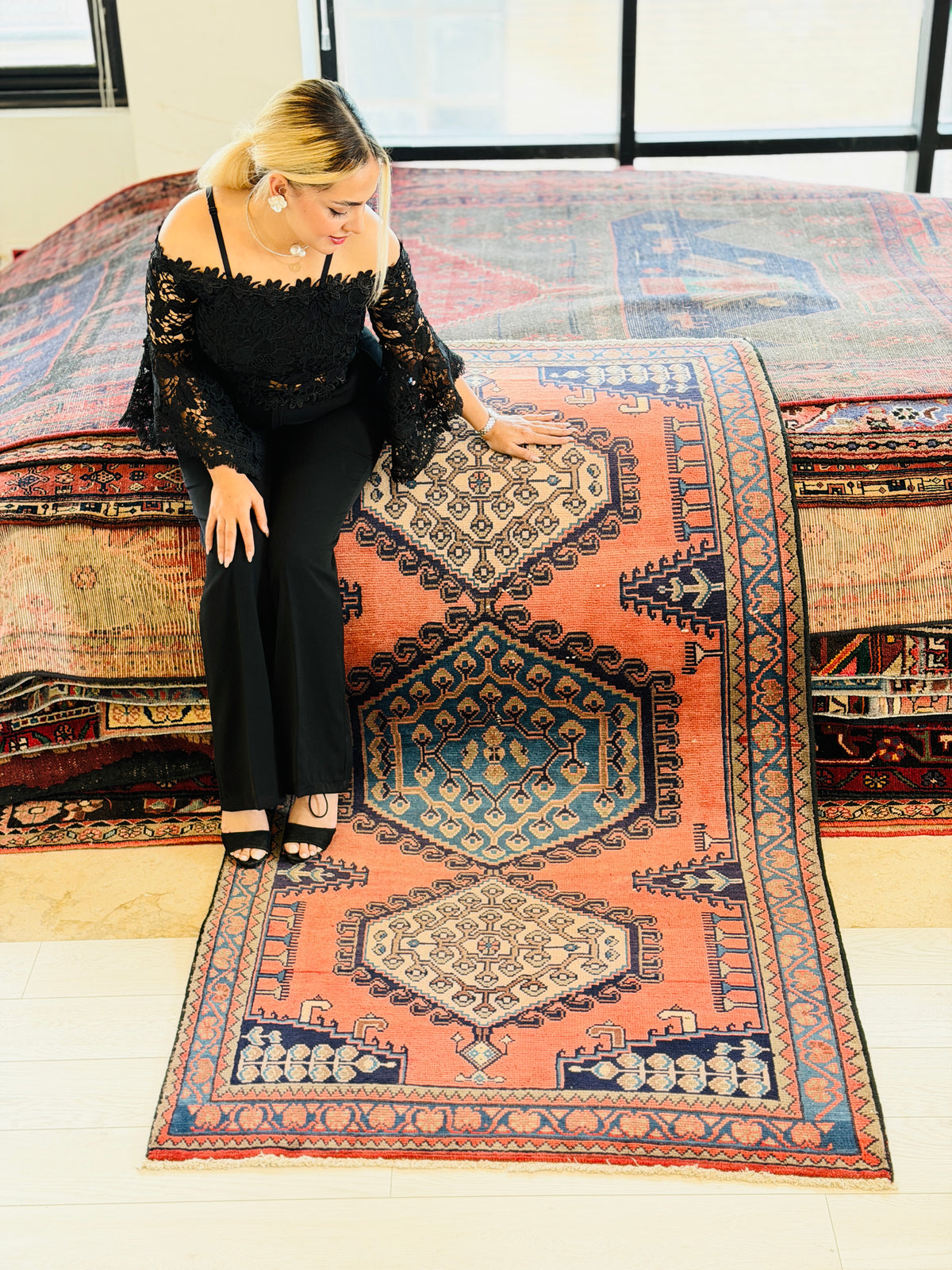 Collectible Vintage Orange and Blue Hexagonal Medallion Hand-Knotted Area Rug – 6' 7" x 3' 7" (200 x 108 cm)