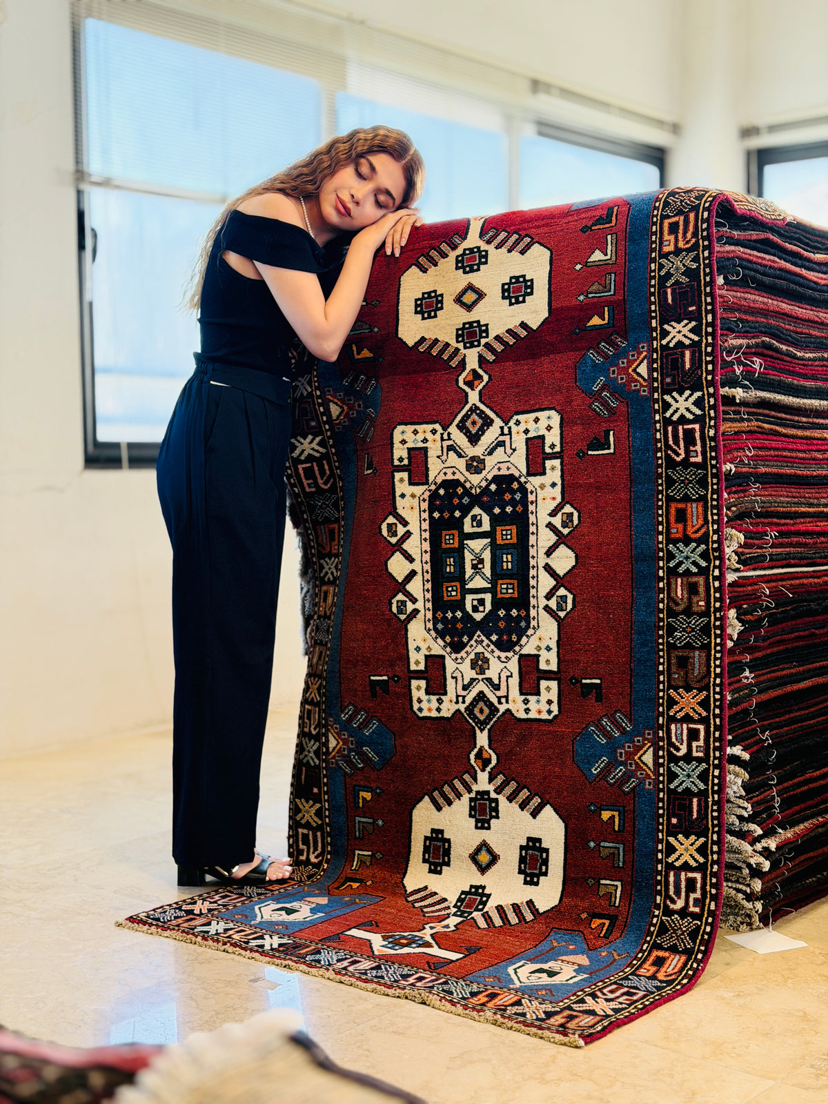 Vintage Red and Blue Tribal Stepped Medallion Hand-Knotted Area Rug – 6' 8" x 3' 6" (204 x 106 cm)
