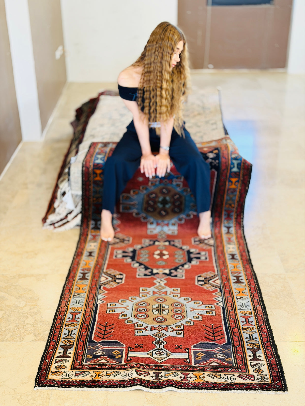 Vintage Red and Blue Linked Medallions Hand-Knotted Area Rug – 7' 3" x 3' 7" (221 x 109 cm)