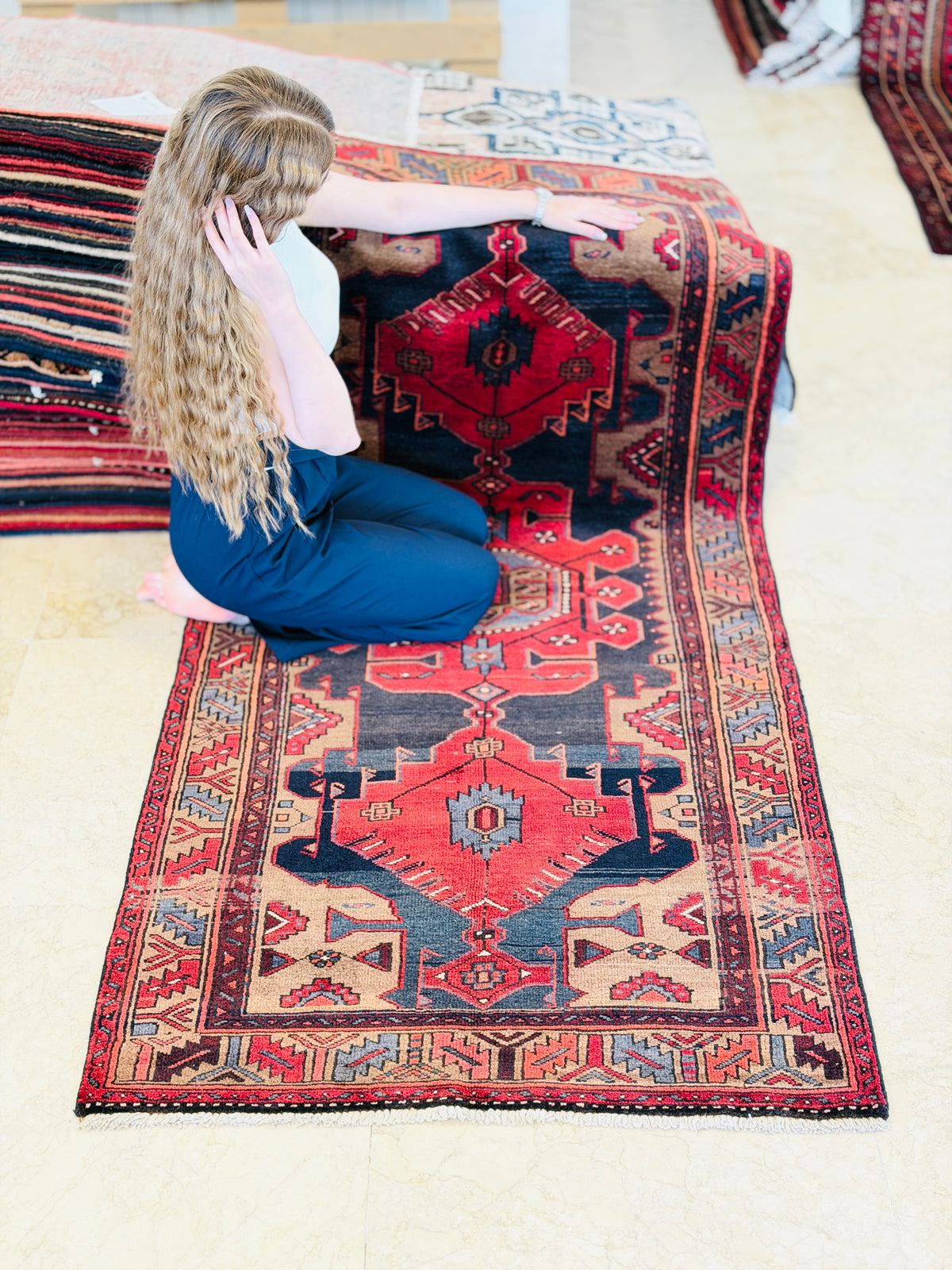 Vintage Red and Brown Bold Geometric Medallion Hand-Knotted Area Rug – 6' 9" x 3' 3" (207 x 100 cm)
