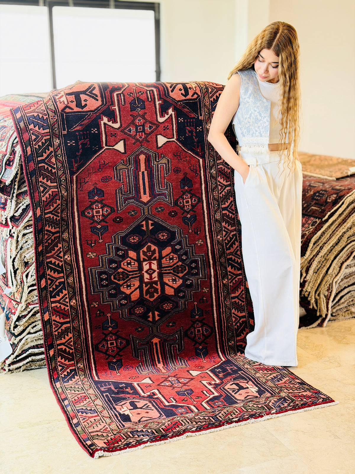 Vintage Rust Red and Navy Blue Bold Geometric Medallion Hand-Knotted Area Rug – 7' 3" x 3' 7" (221 x 109 cm)