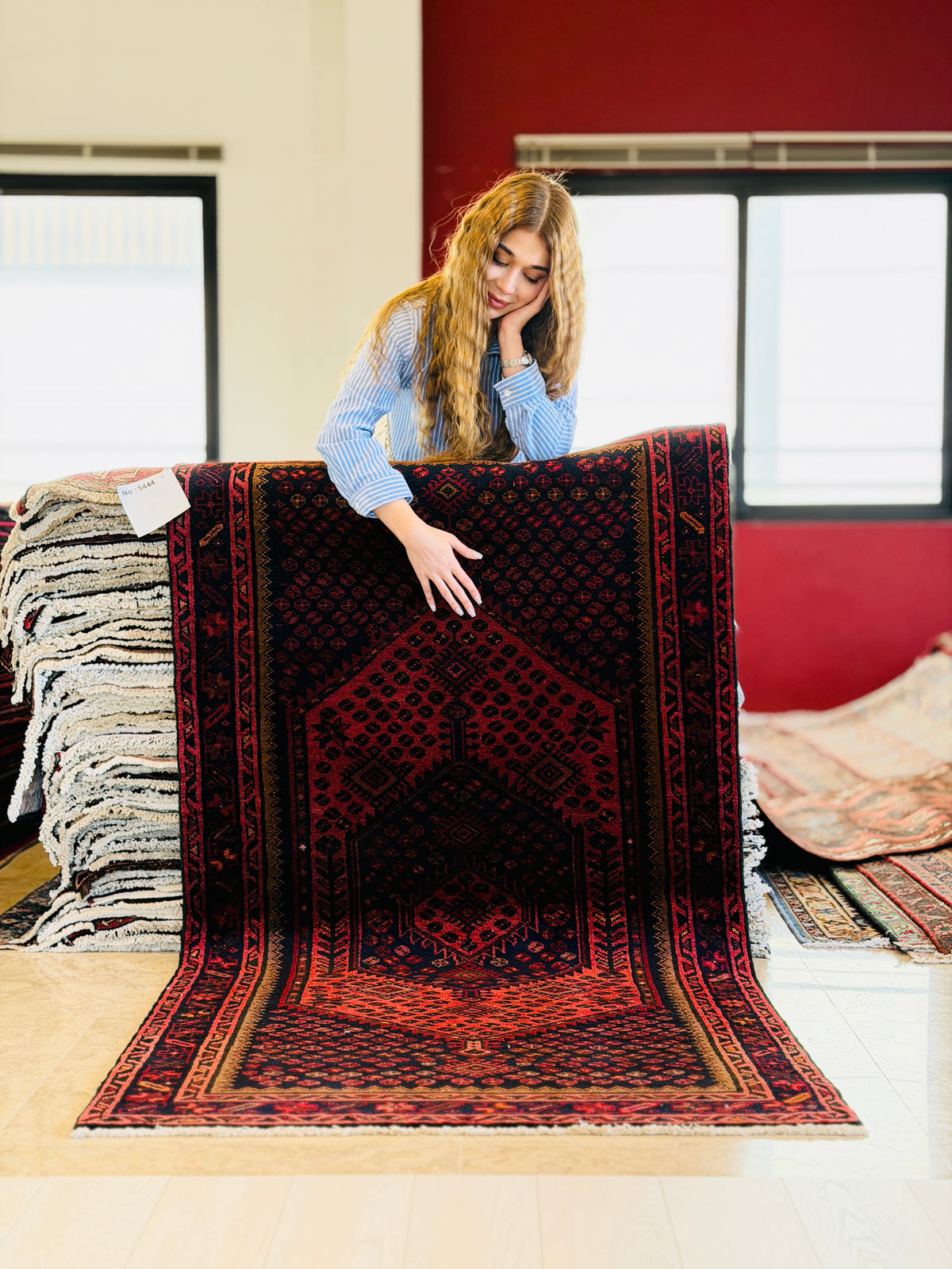 Vintage Red and Navy Blue Diamond Medallion Hand-Knotted Area Rug – 6' 4" x 3' 4" (194 x 102 cm)