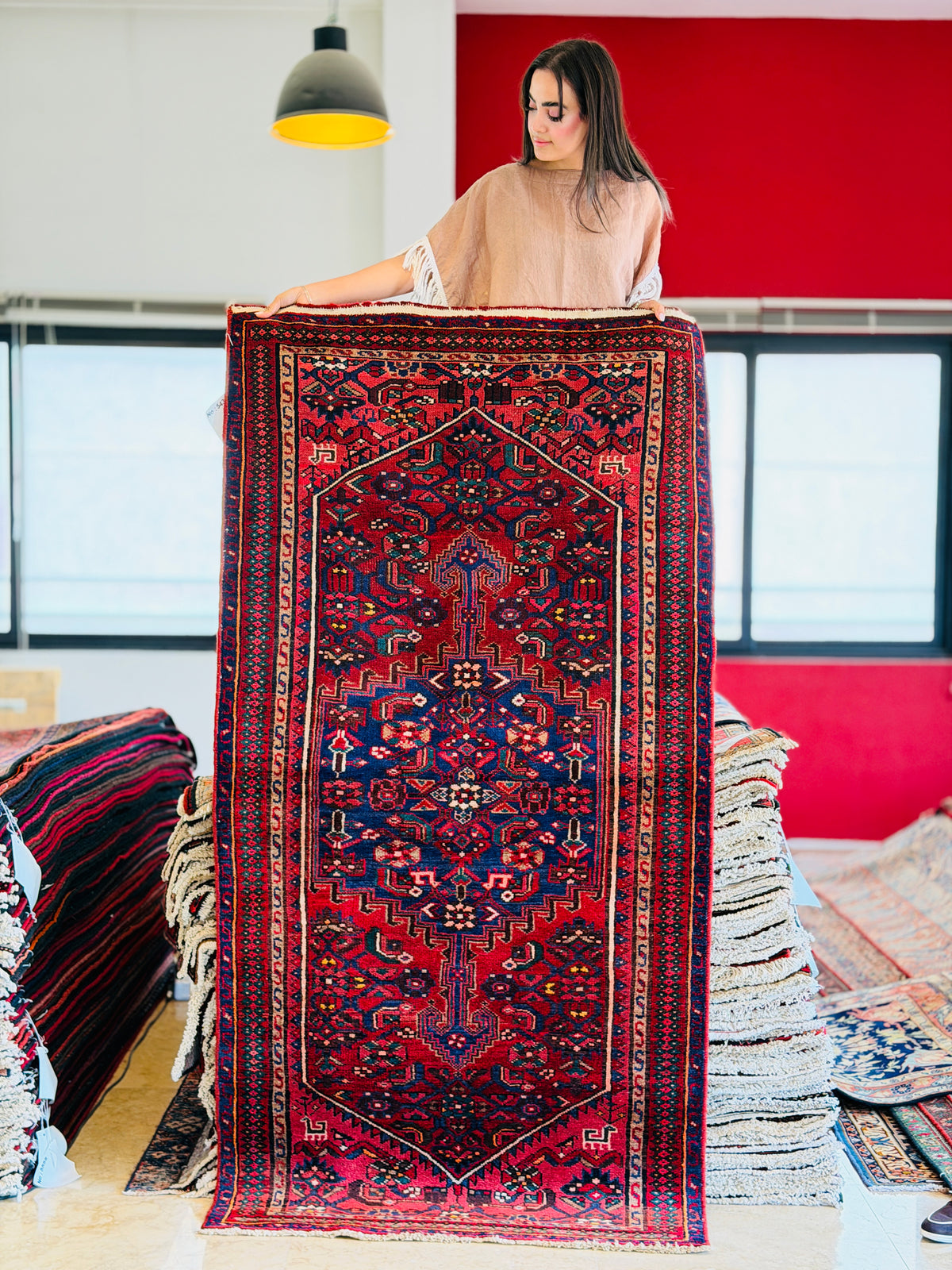 Vintage Rust Red and Navy Blue Fine Geometric Hand-Knotted Area Rug – 6' 8" x 3' 5" (204 x 103 cm)