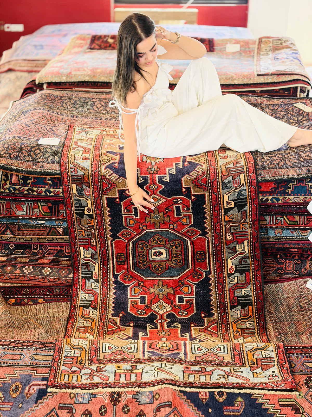 Vintage Red Navy & Brown Tribal Composition Hand-Knotted Area Rug – 6' 10" x 3' 3" (209 x 100 cm)