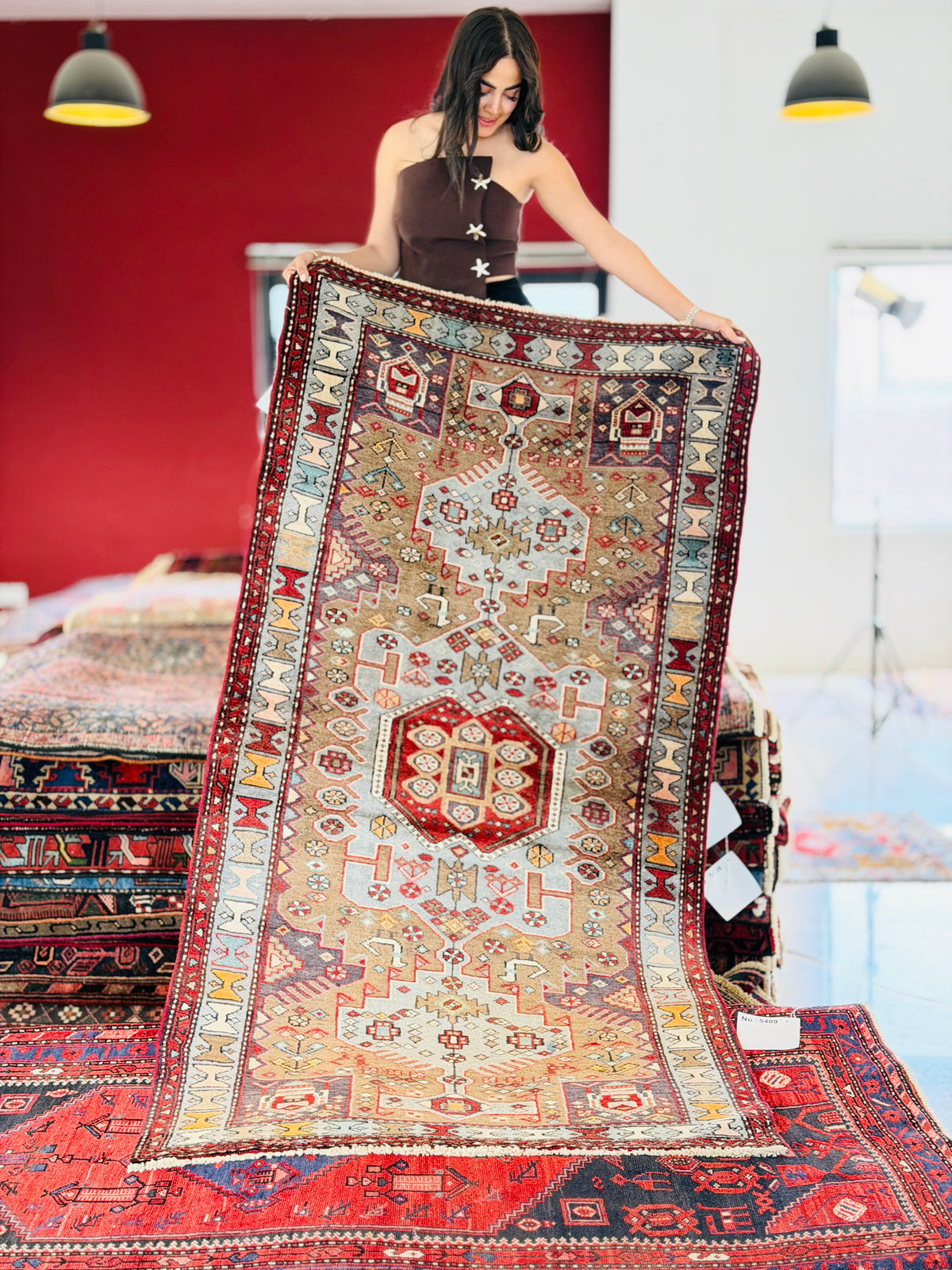 Vintage Brown and Soft Blue Geometric Medallion Hand-Knotted Area Rug – 6' 10" x 3' 4" (208 x 101 cm)