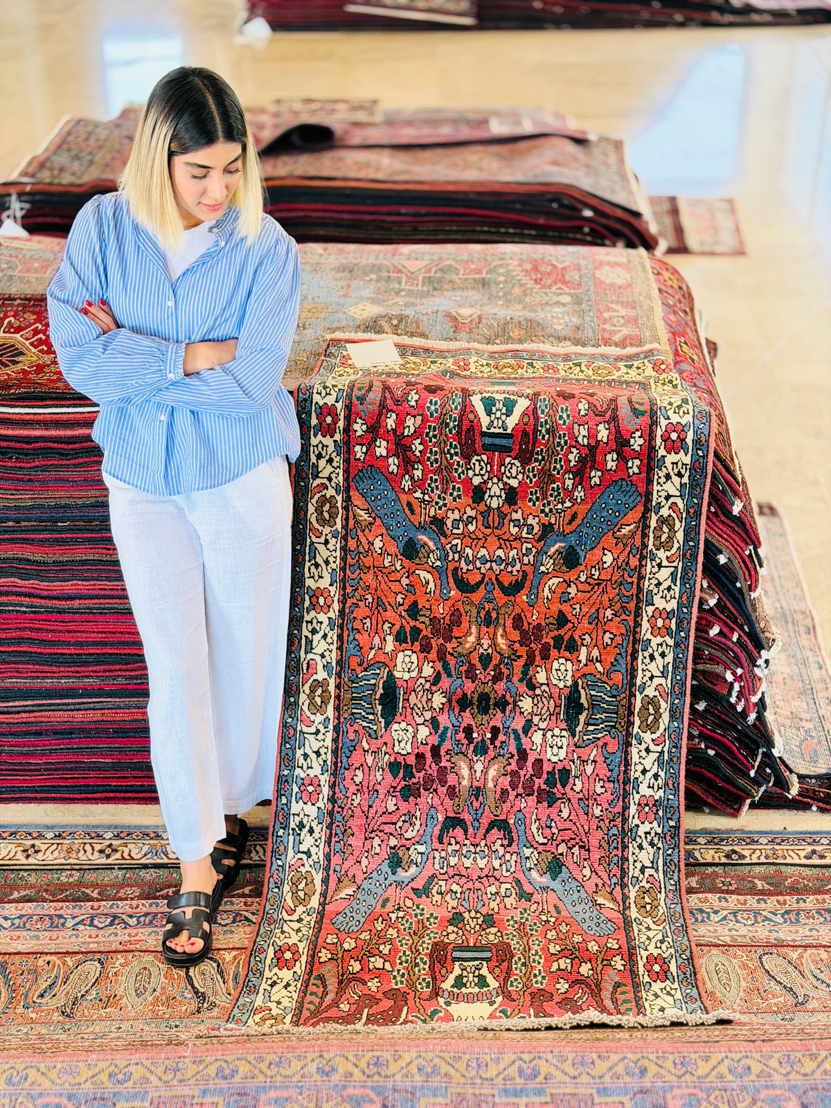 Vintage Peacock & Floral Runner Rug, Red – 7' 5" x 2' 10" (226 x 87 cm)
