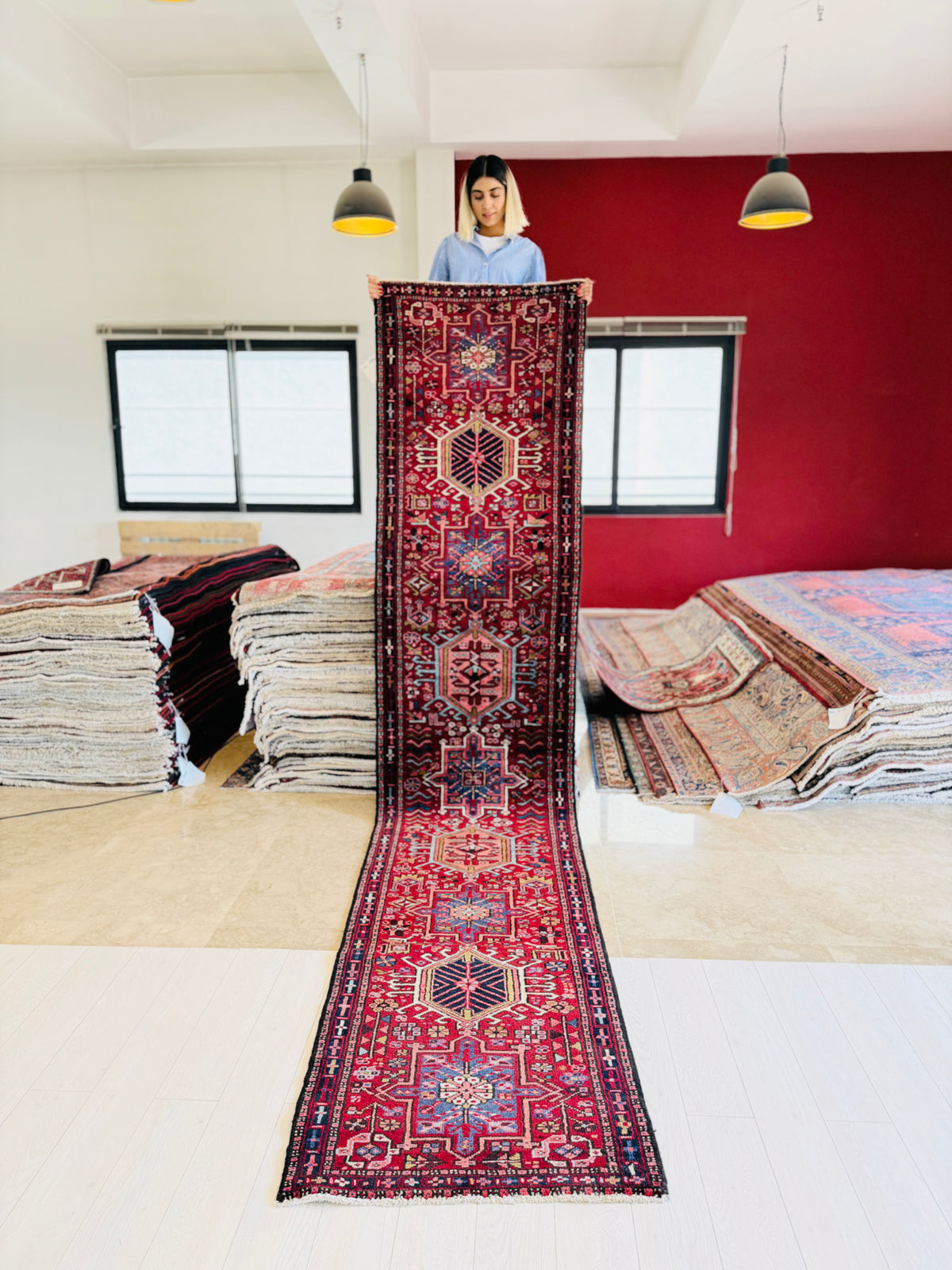 Vintage Long Geometric Hallway Runner Rug, Red – 12' 9" x 2' 7" (388 x 79 cm)