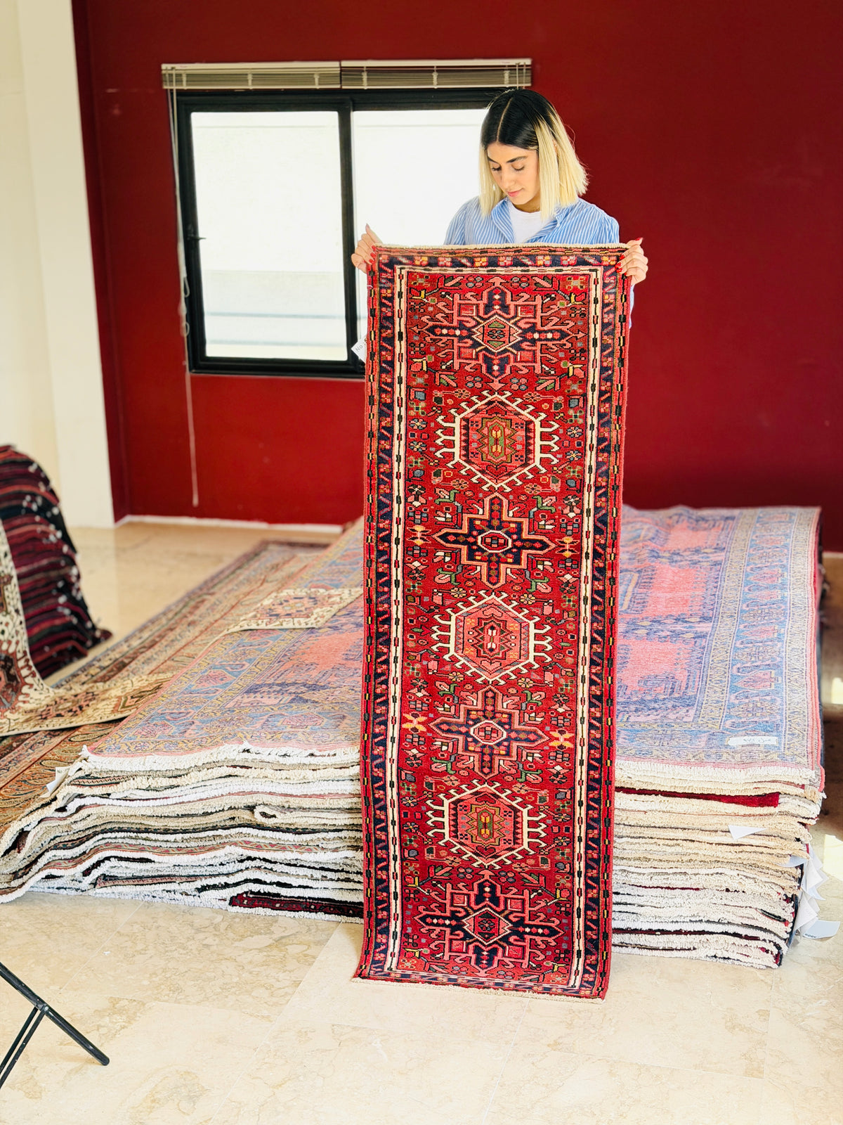 Vintage Geometric Hallway Runner Rug, Red – 6' 7" x 2' 3" (200 x 69 cm)