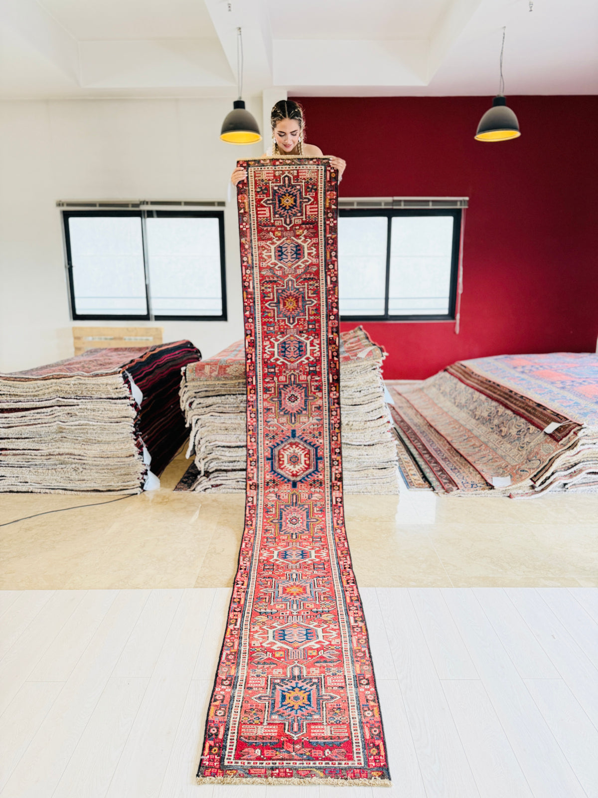 Antique Distressed Extra-Narrow Long Runner Rug, Red – 12' 5" x 1' 11" (378 x 58 cm)