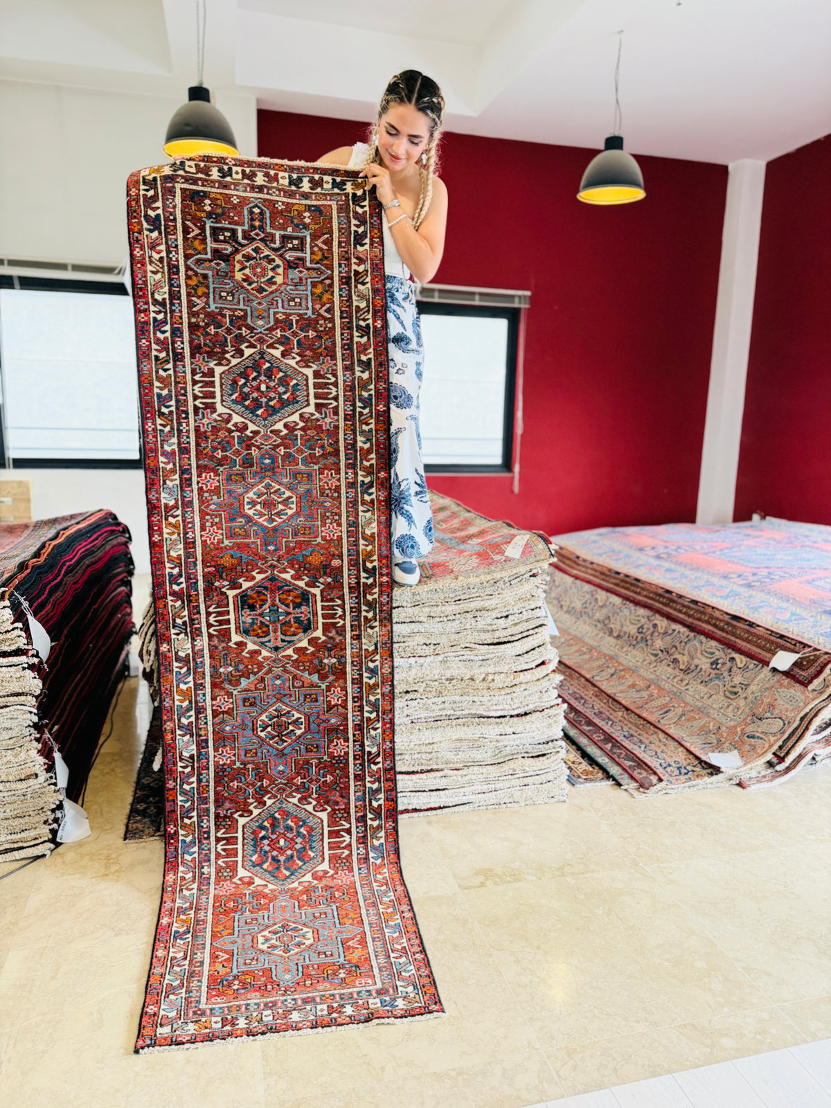 Vintage Geometric Medallion Narrow Runner Rug, Red – 8' 10" x 2' 4" (268 x 71 cm)