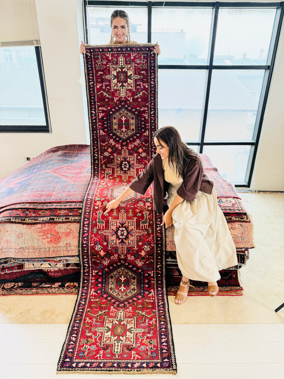 Vintage Geometric Medallion Narrow Runner Rug, Red – 10' 6" x 2' 5" (319 x 74 cm)