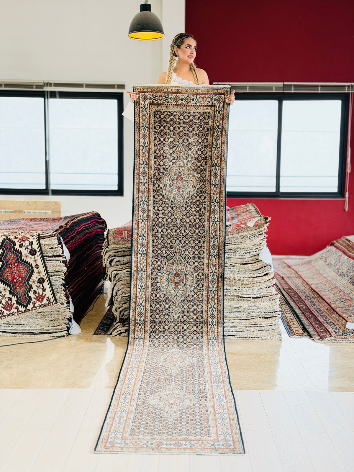 Antique Floral Long Narrow Runner Rug, Faded Deep Navy Blue – 12' 5" x 2' 5" (379 x 74 cm)