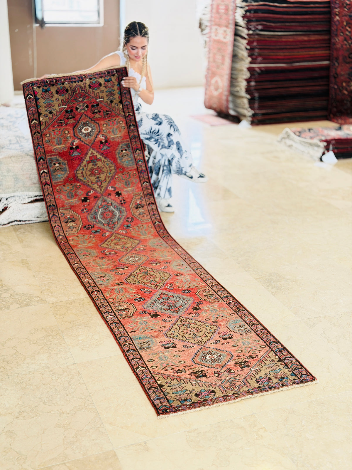 Vintage Geometric Narrow Runner Rug, Coral Red – 9' 9" x 2' 6" (298 x 75 cm)