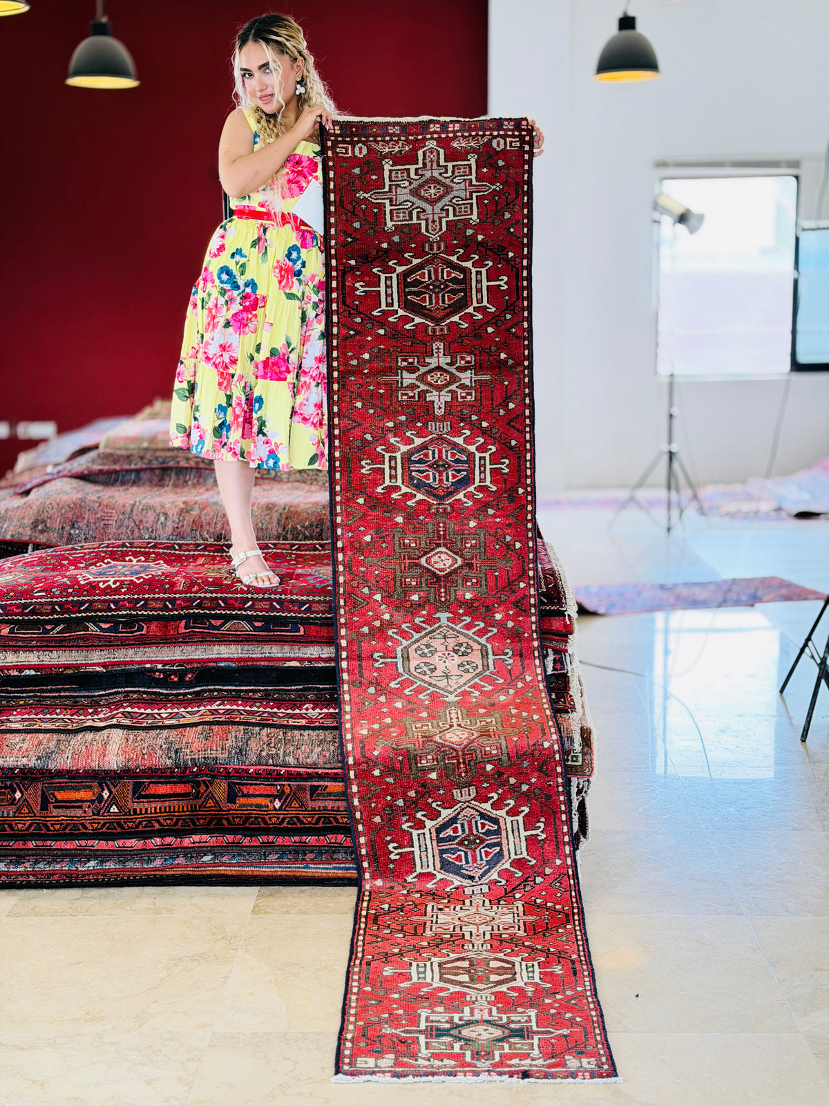 Vintage Geometric Narrow Runner Rug, Red – 10' 1" x 1' 10" (307 x 57 cm)