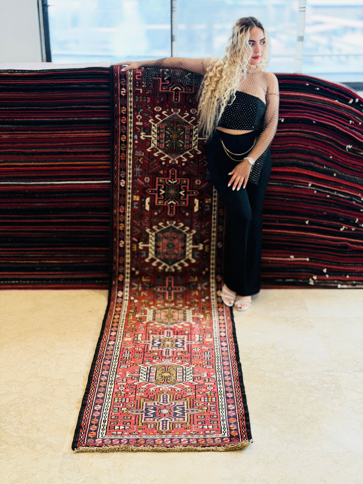 Vintage Narrow Repeating Geometric Medallion Runner Rug, Red – 9' 8" x 2' 5" (295 x 73 cm)