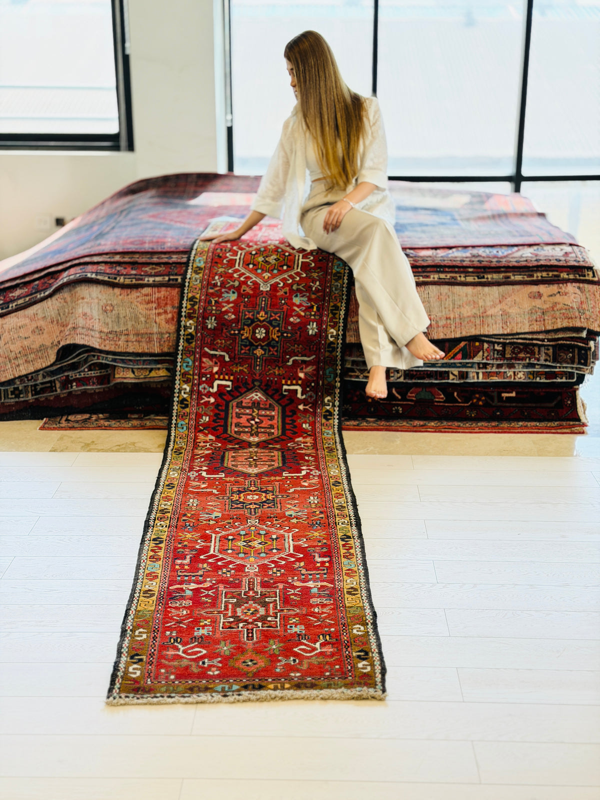 Vintage Repeating Geometric Medallion Narrow Runner Rug, Red – 10' 4" x 2' 2" (316 x 67 cm)