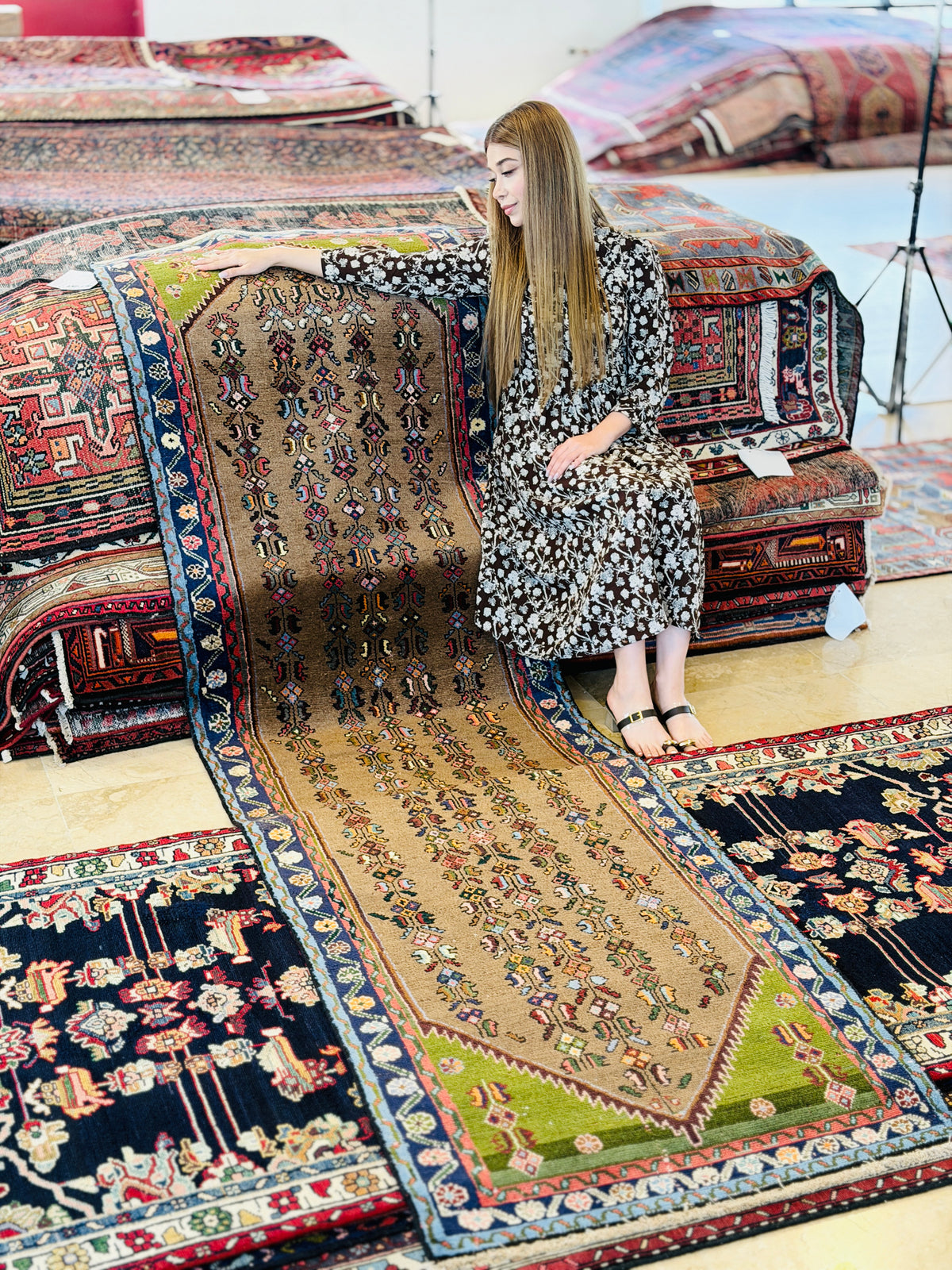 Vintage Geometric Runner Rug, Brown & Blue – 9' 5" x 2' 9" (288 x 83 cm)