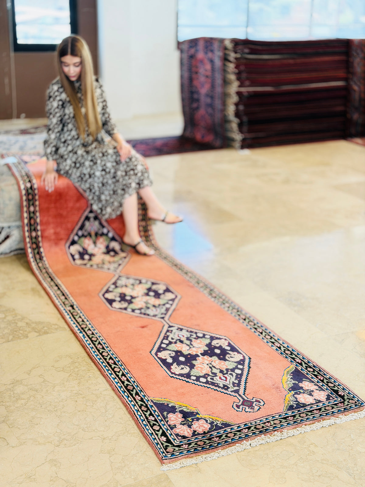 Vintage Repeating Diamond Medallion Runner Rug, Coral – 11' 0" x 3' 1" (335 x 94 cm)