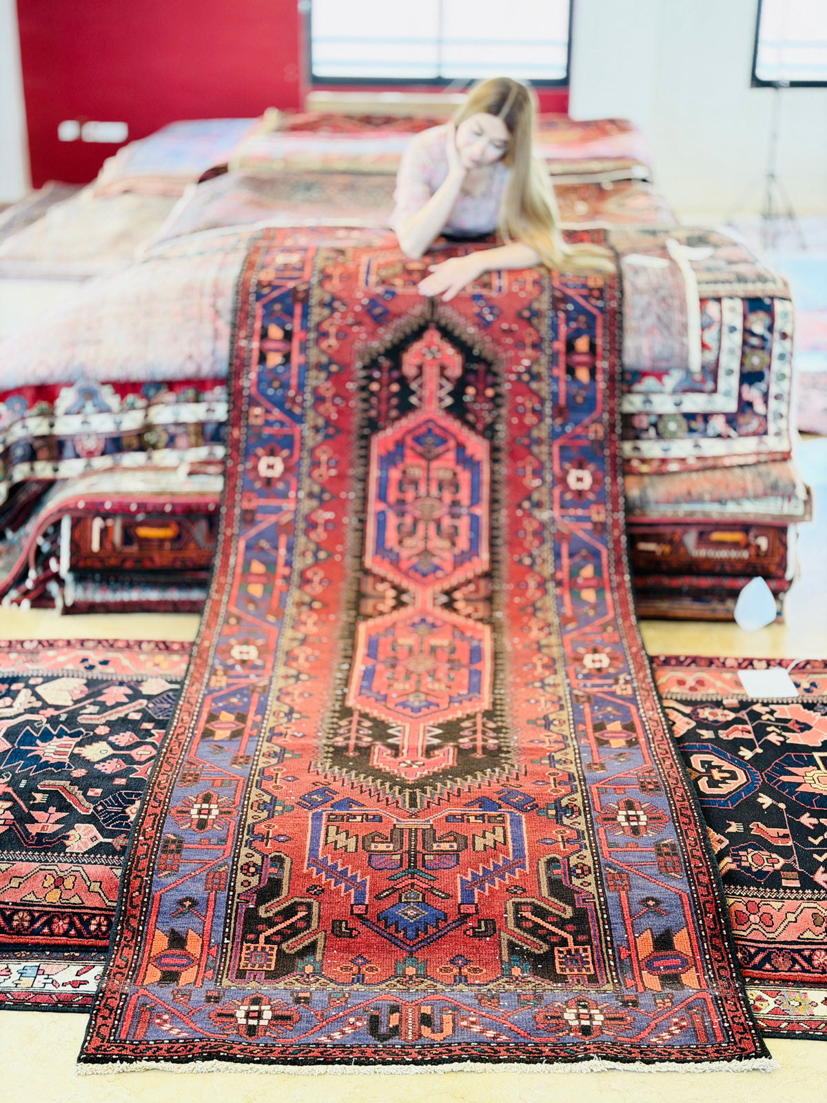 Vintage Triple Geometric Medallion Runner Rug, Rust Red & Navy Blue – 10' 6" x 3' 7" (320 x 109 cm)