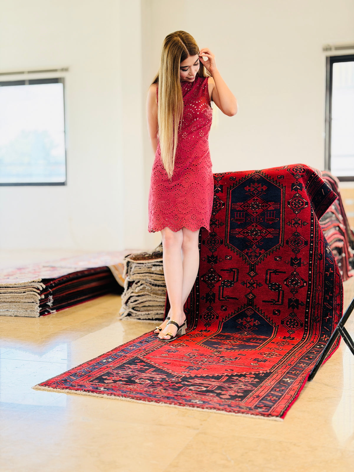 Vintage Geometric Medallion Runner Rug, Red & Navy Blue – 9' 5" x 3' 3" (288 x 100 cm)